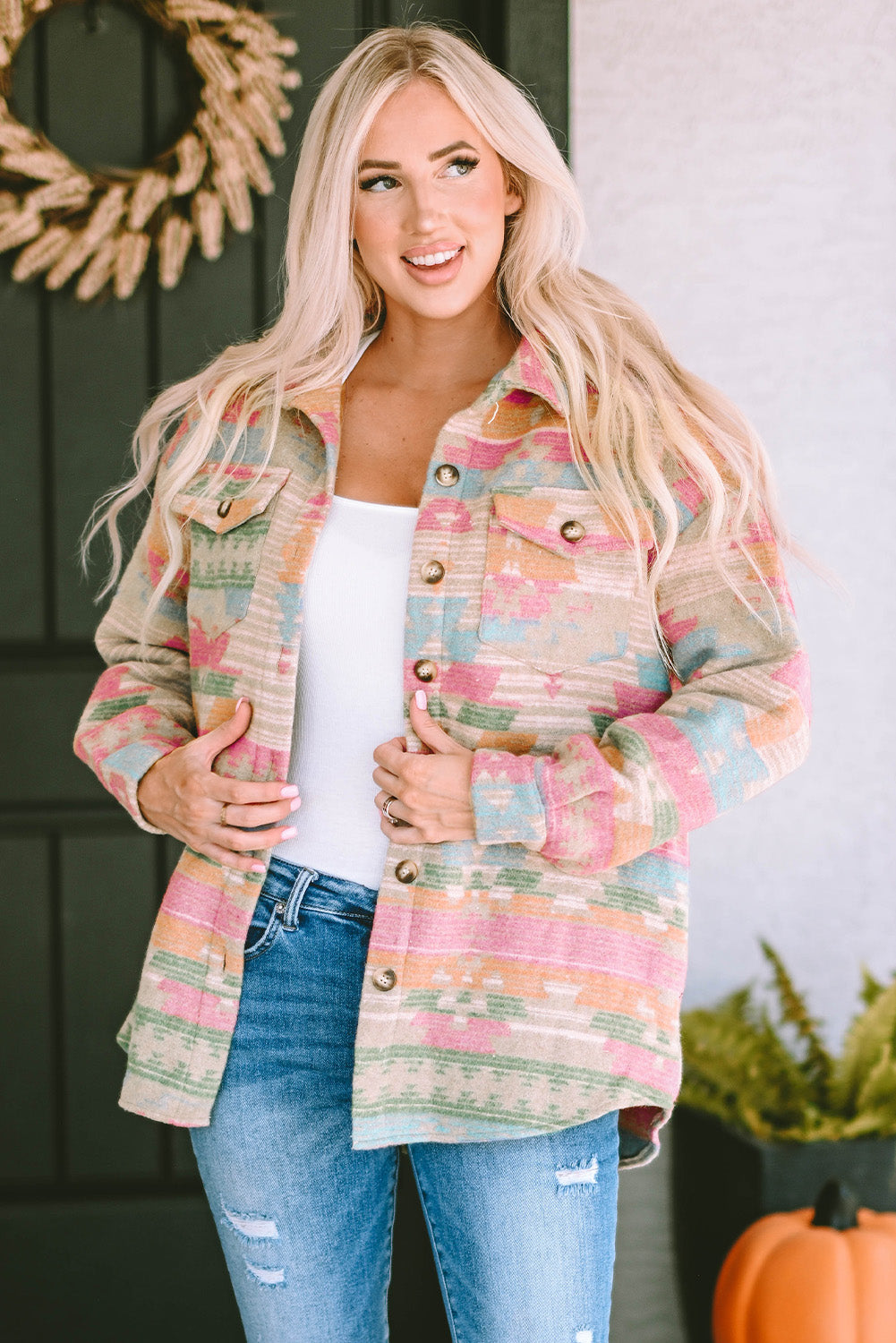 Women's Shacket Featuring Pink Western Aztec-Pattern Button Flap Pocket