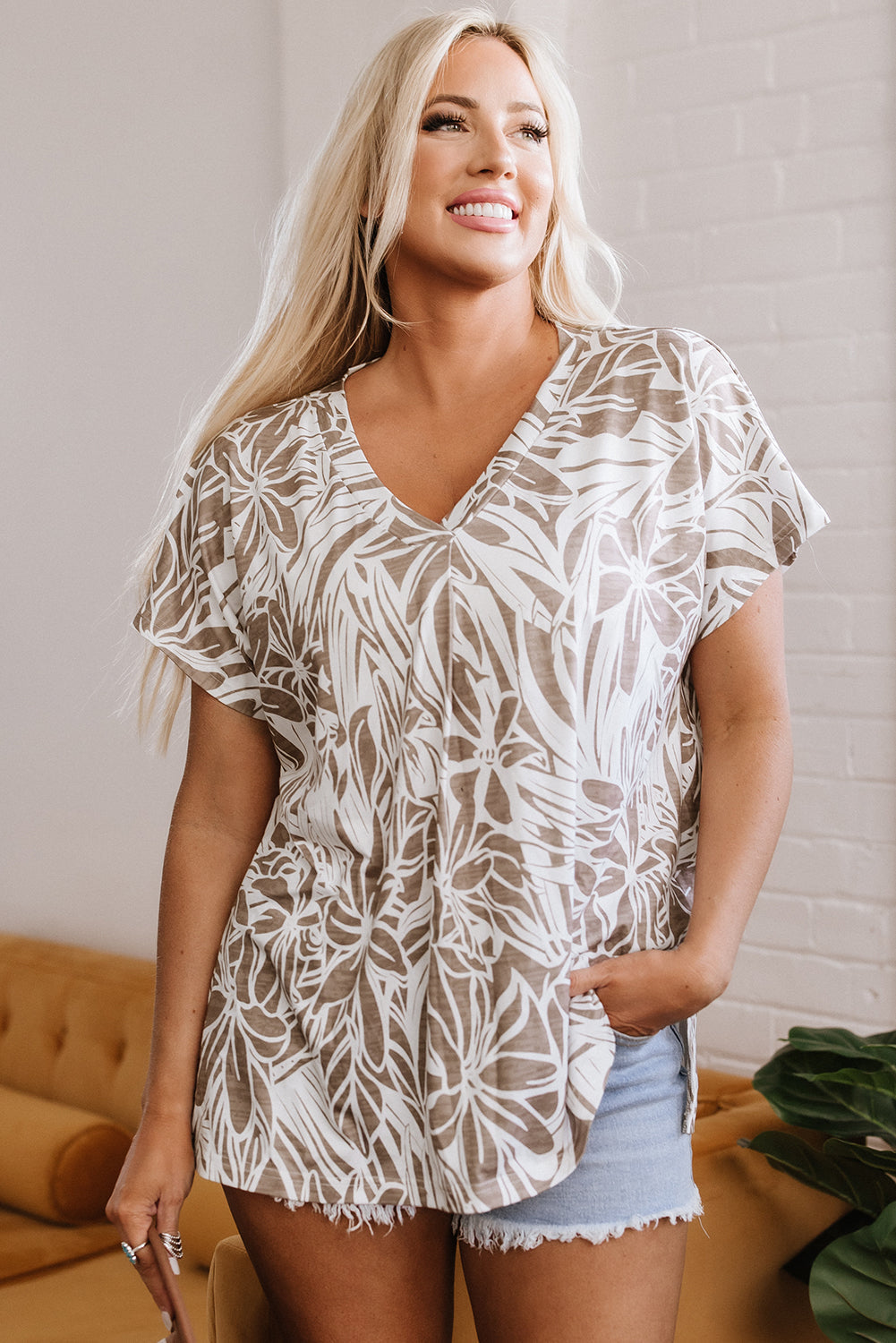 Floral Print V Neck Short Sleeve Loose Fit Blouse