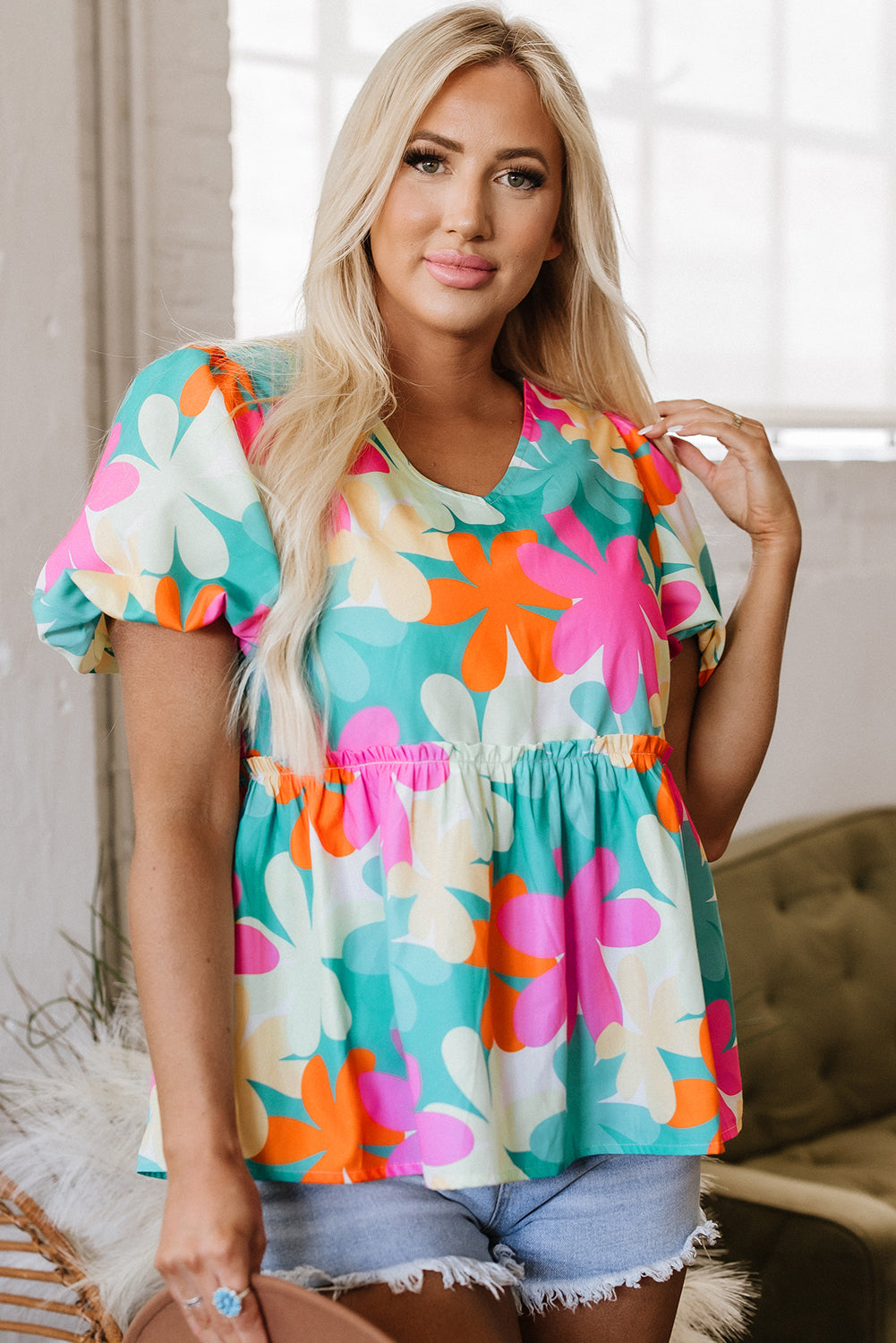Floral Print Bubble Sleeve V Neck Peplum Blouse