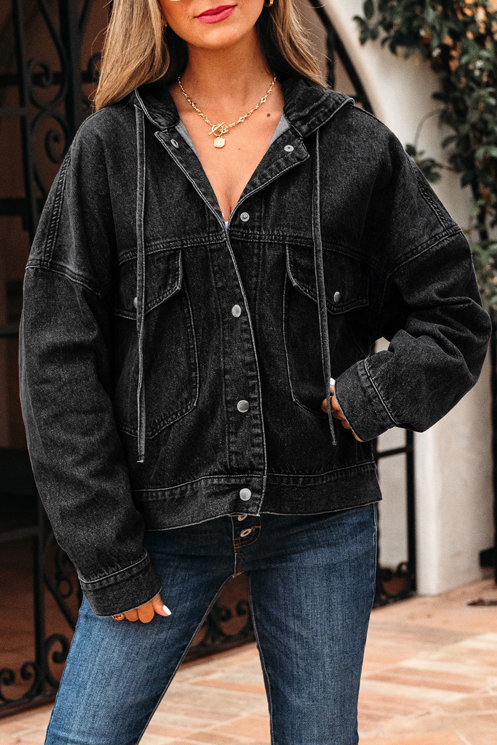 Big Chest Pocket Drop-Shoulder Hooded Denim Jacket