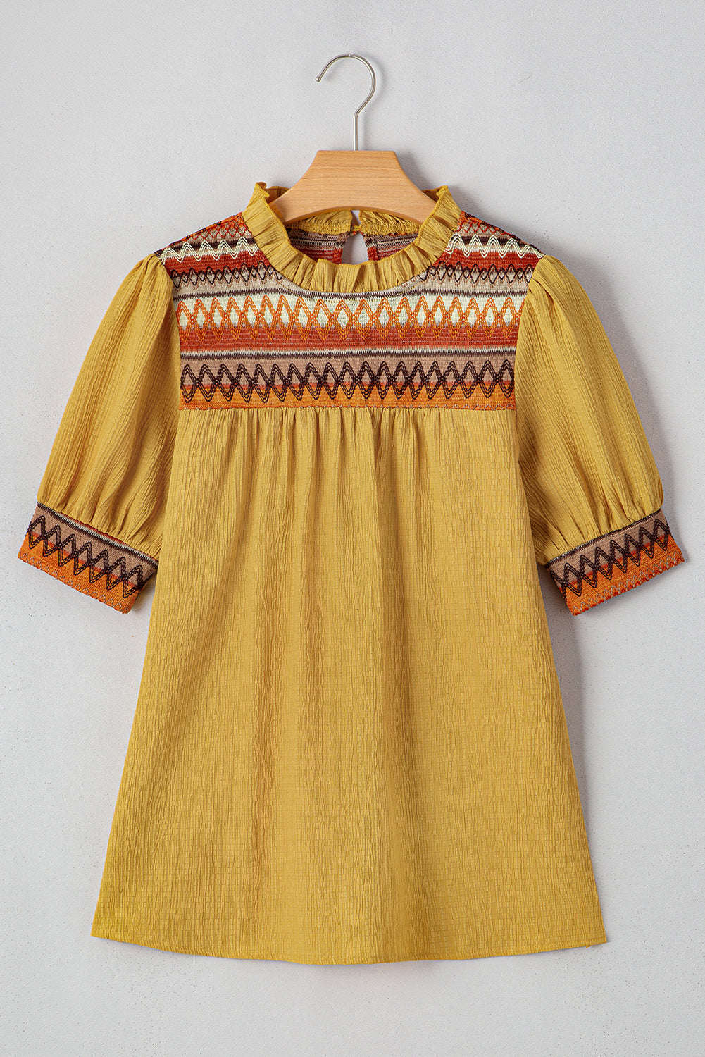 Mustard Geometric Short Sleeve Frilled Collar Blouse