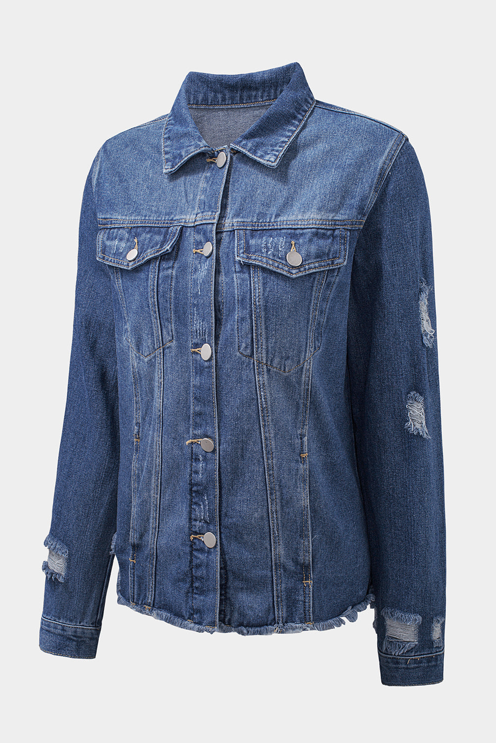 Women's Denim Jacket with Lapel Distressed Raw