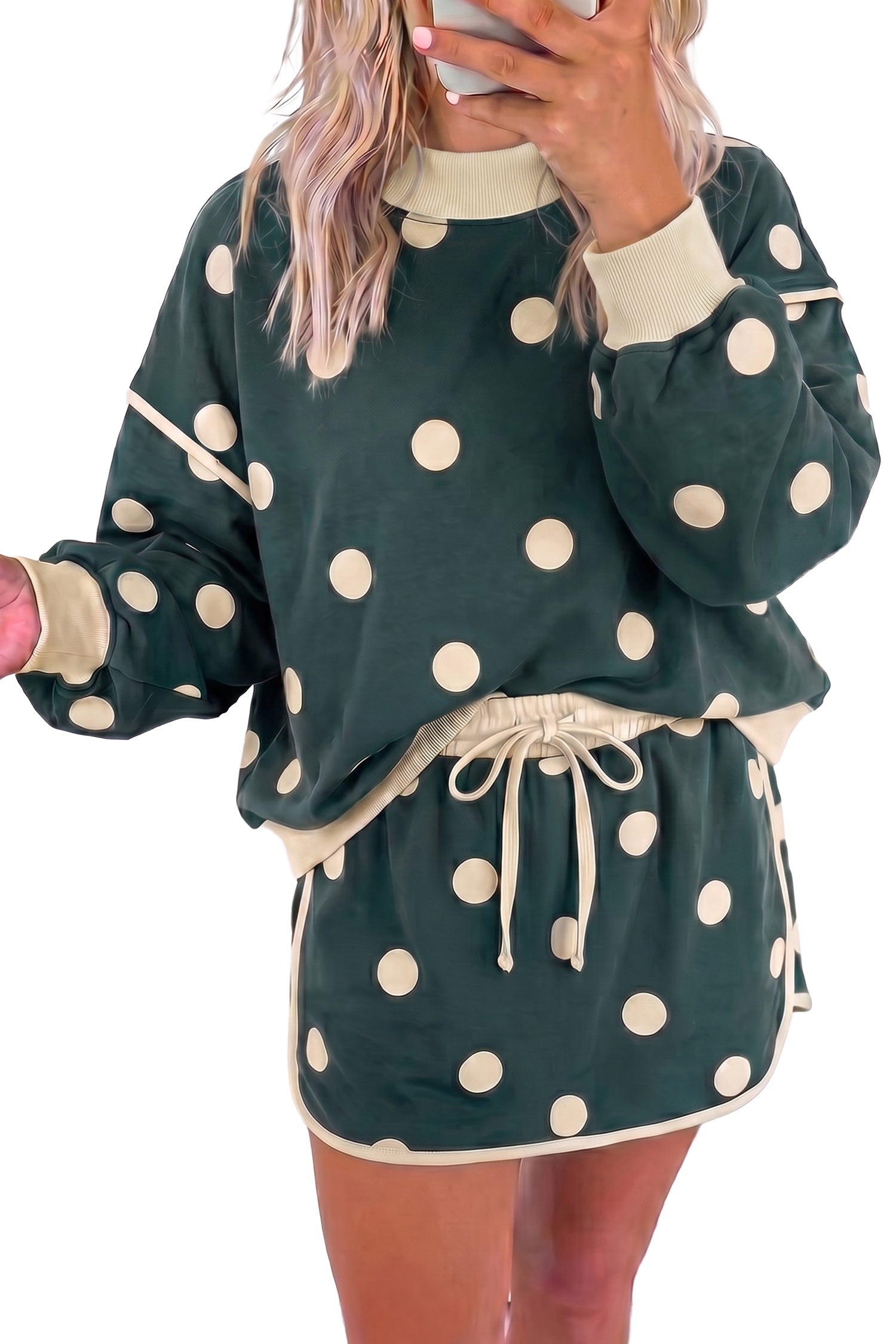 Trim Polka-Dot Print Baggy Pullover Drawcord Skirt 2-Piece Outfit in Green
