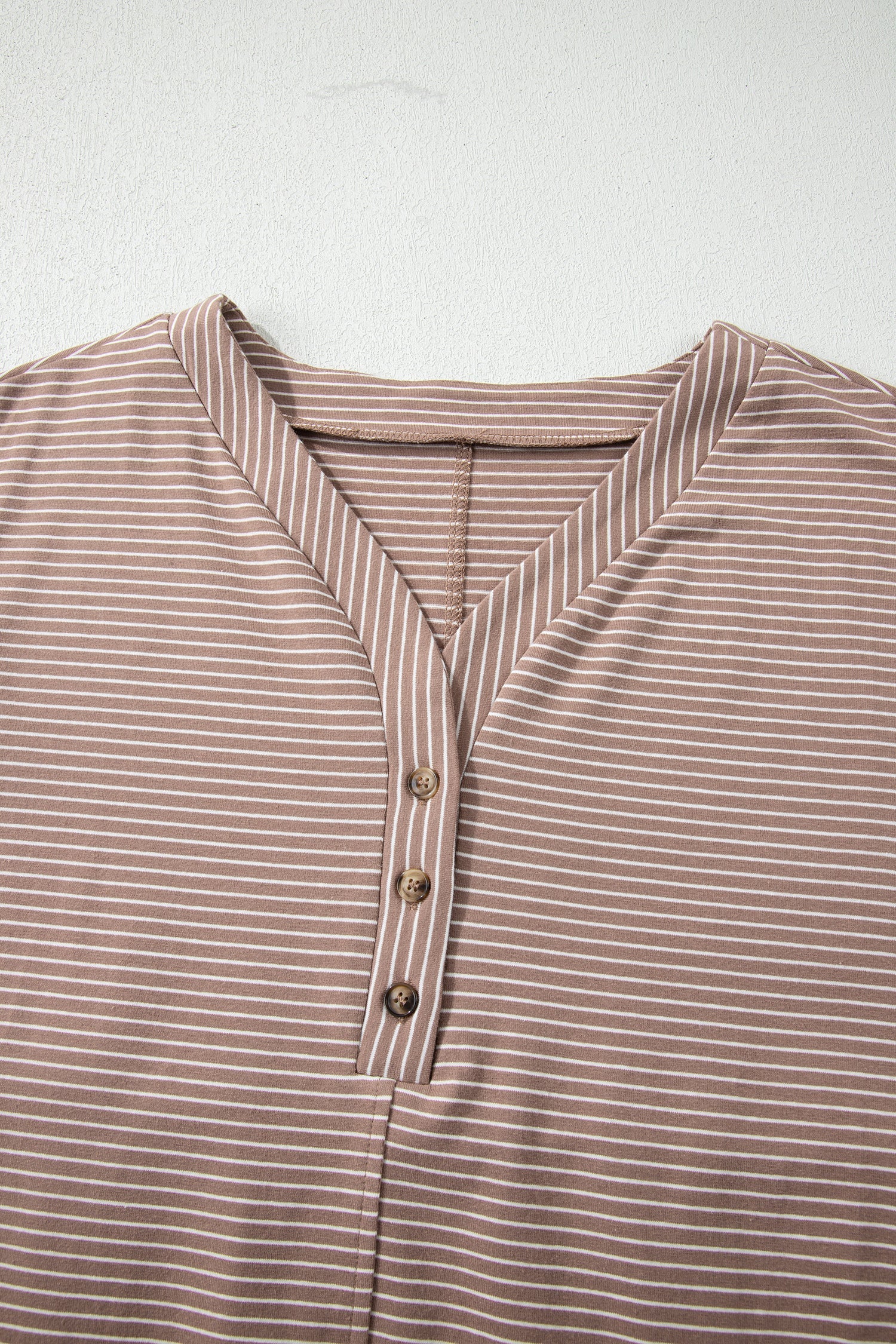 Stripe Button-Front V-Neck High Low Side Slit T Shirt in Khaki