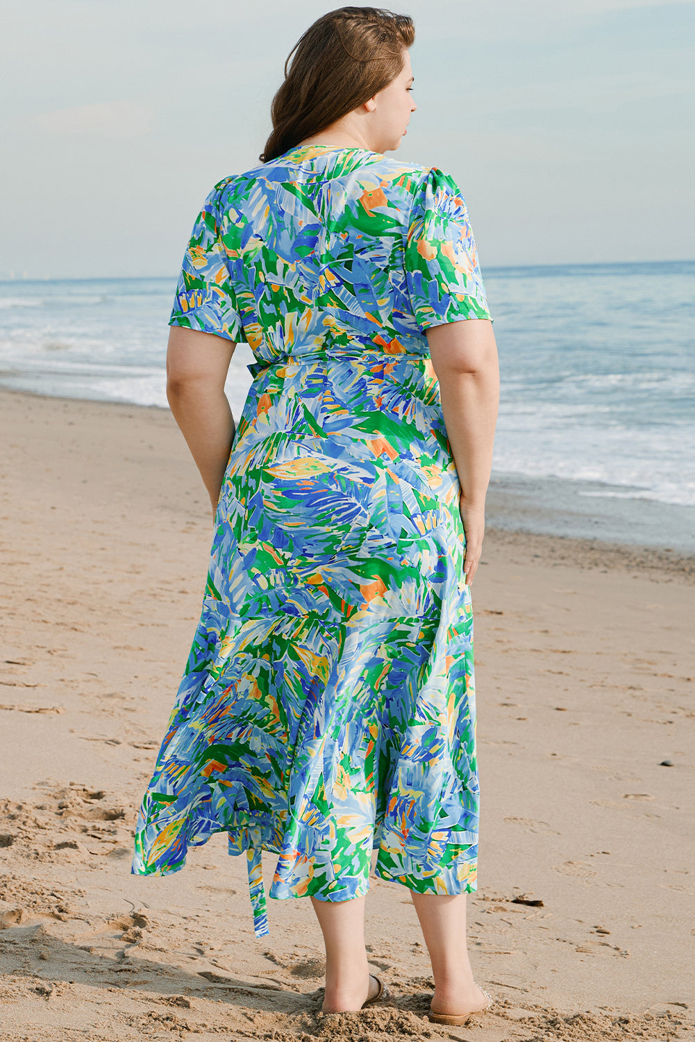 Leaves Print Ruffled Trim Plus Size Maxi Dress