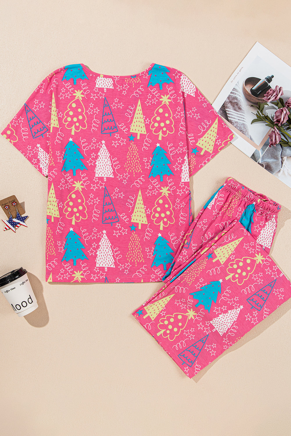 Christmas Tree Print V-Neck Tee and Pants Lounge Set