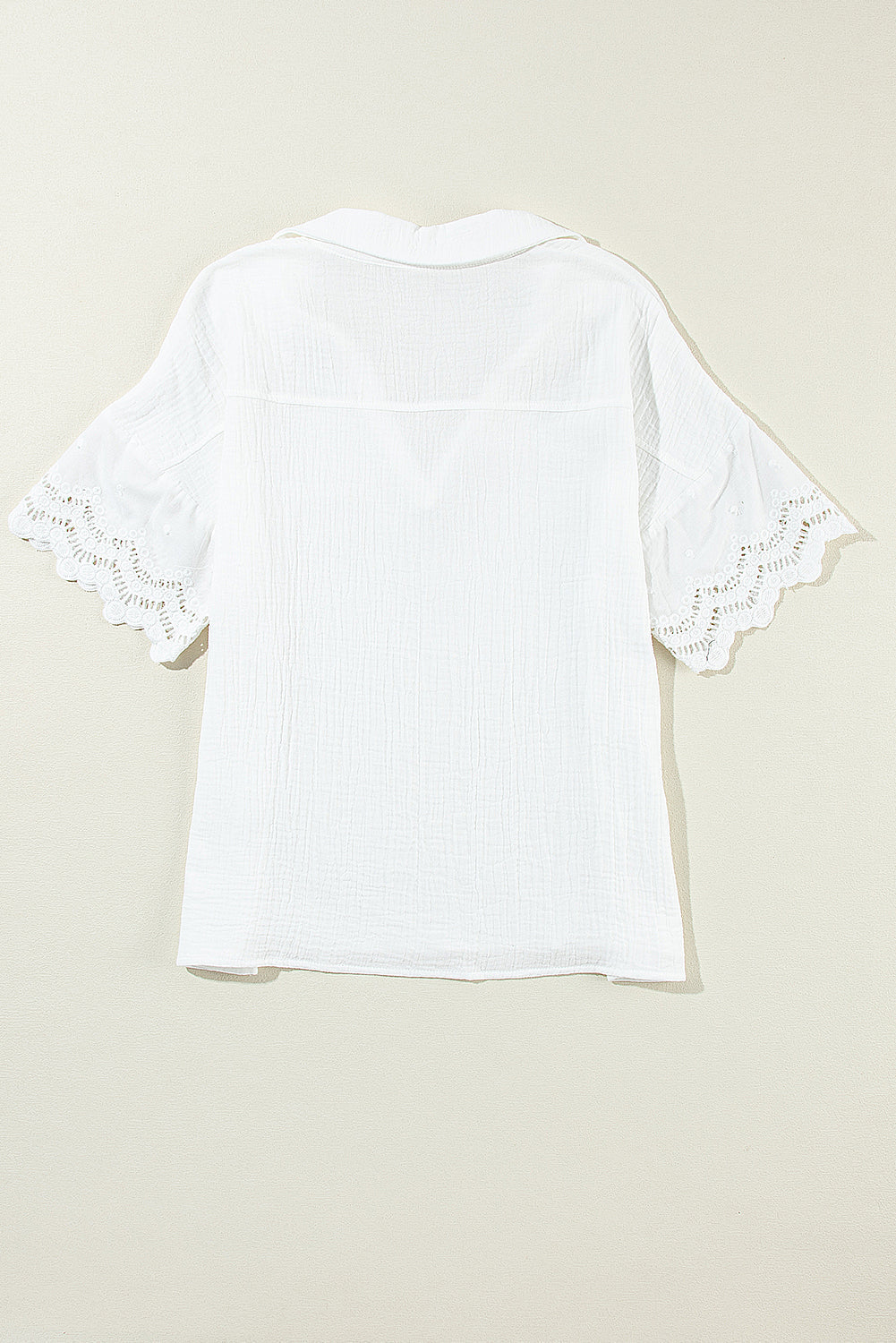 Blouse for Women Collared V Neck Crinkled Lace-Trimmed