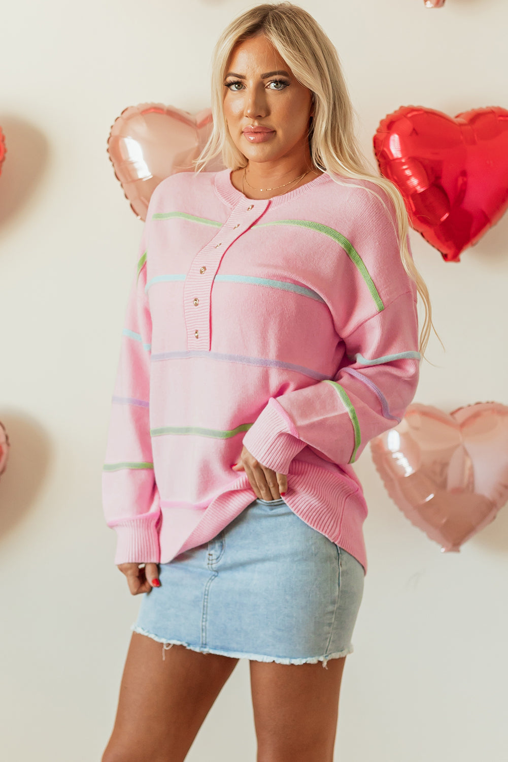 Rainbow Stripes Drop Shoulder Baggy Henley Sweater
