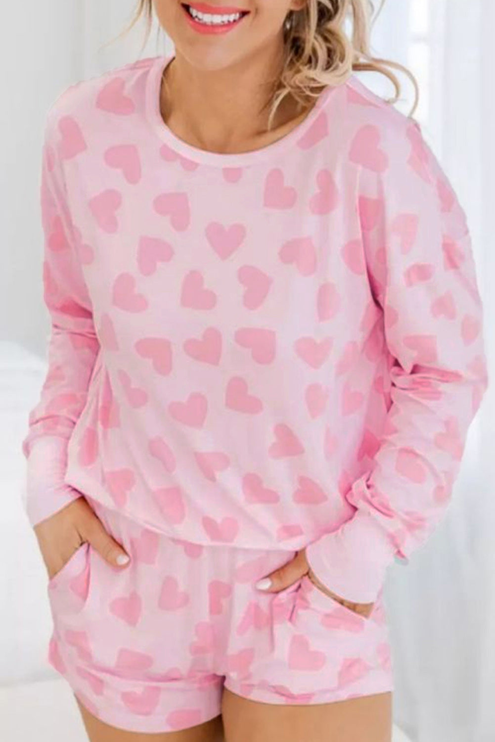 Valentine Heart Shape Print Long-Sleeved Top Shorts Lounge Set