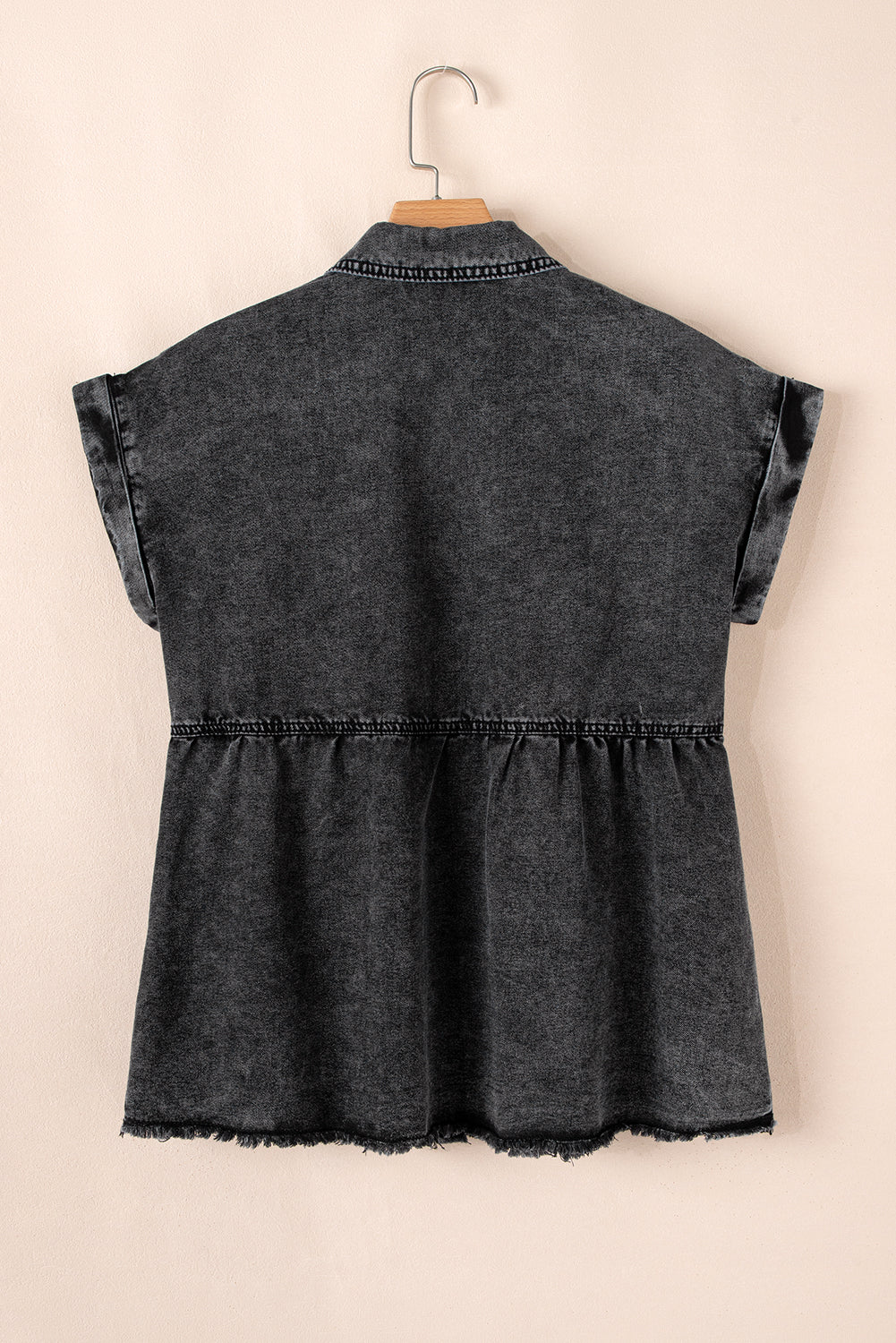 Short Sleeve Flap Pocket Button Up Raw Hem Denim Shirt