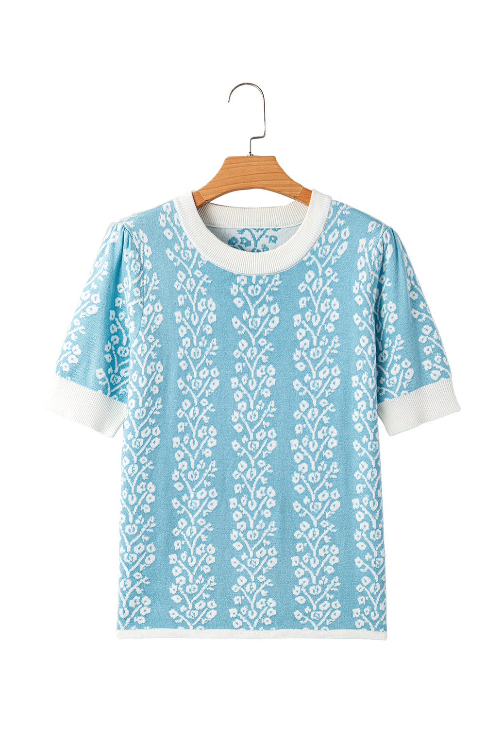 Contrast Floral Crewneck Short-Sleeved Knit Top
