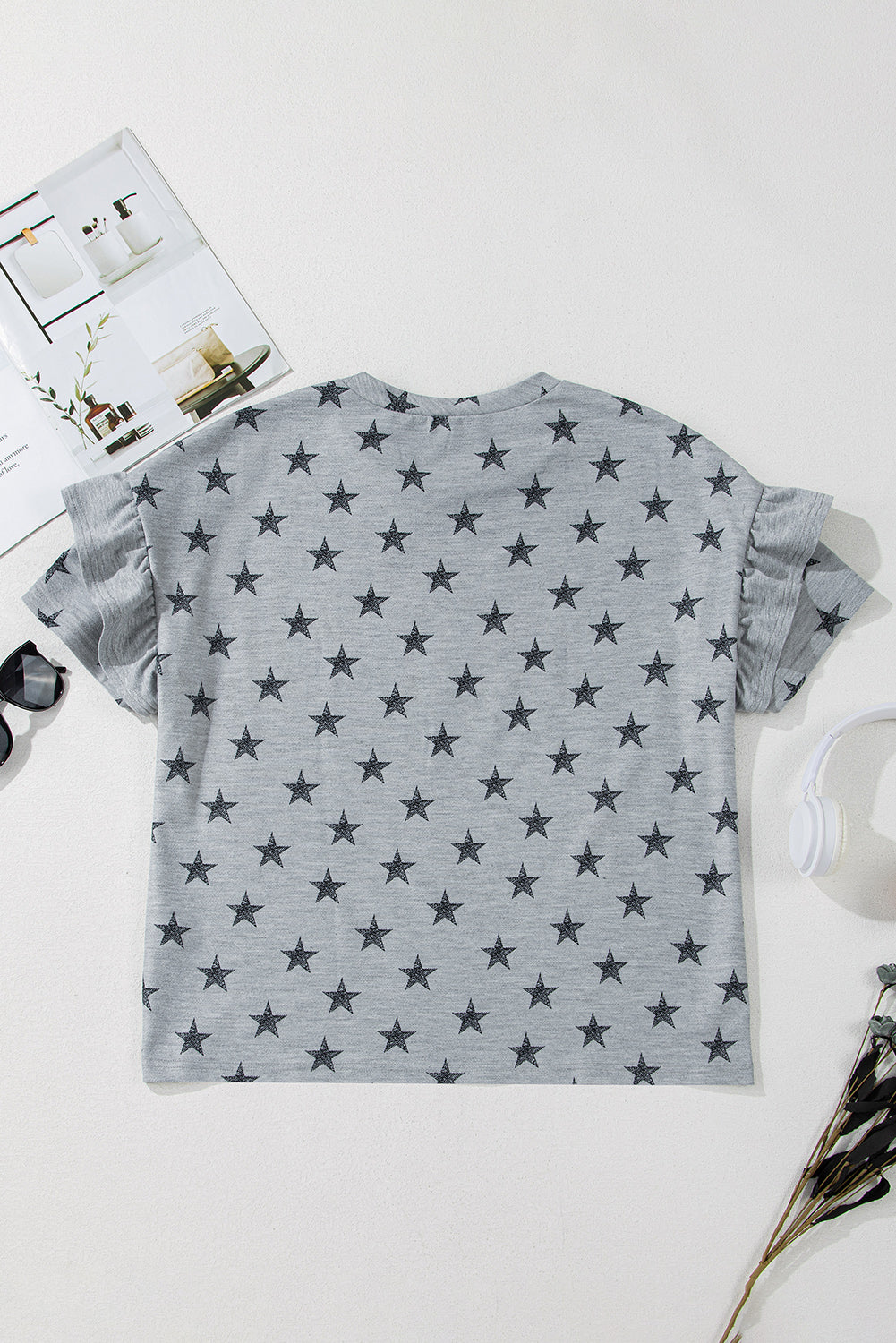 Star Print Tiered Ruffled Sleeve Crew Neck T Shirt