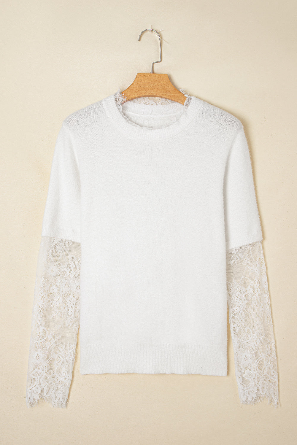 Lace Faux Sleeve Patchwork Two-piece Fuzzy Knit Top in White