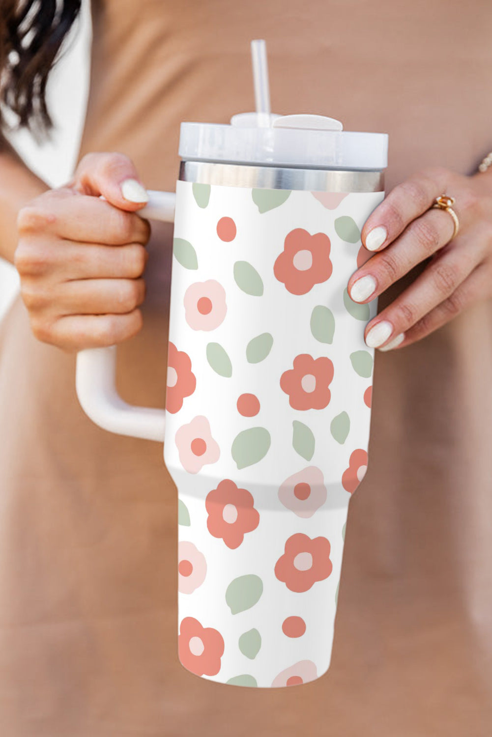Floral Leaves Print Stainless Large Portable Cup 40oz