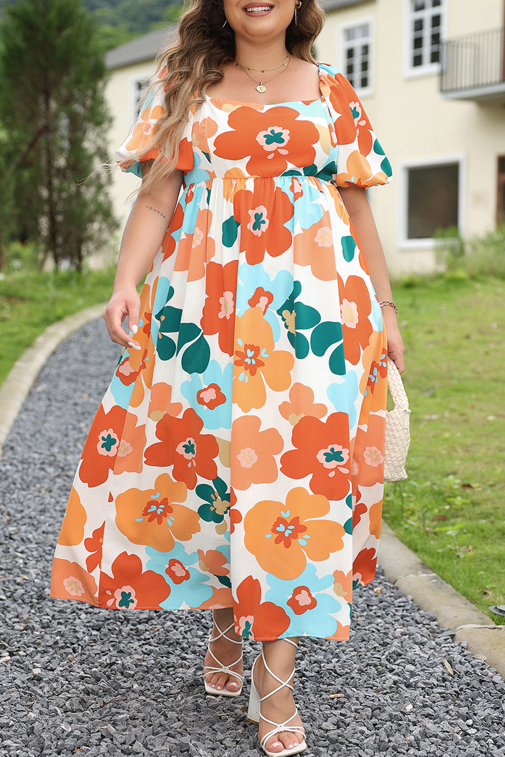 Robe Maxi Froncée à Fleurs de Grande Taille