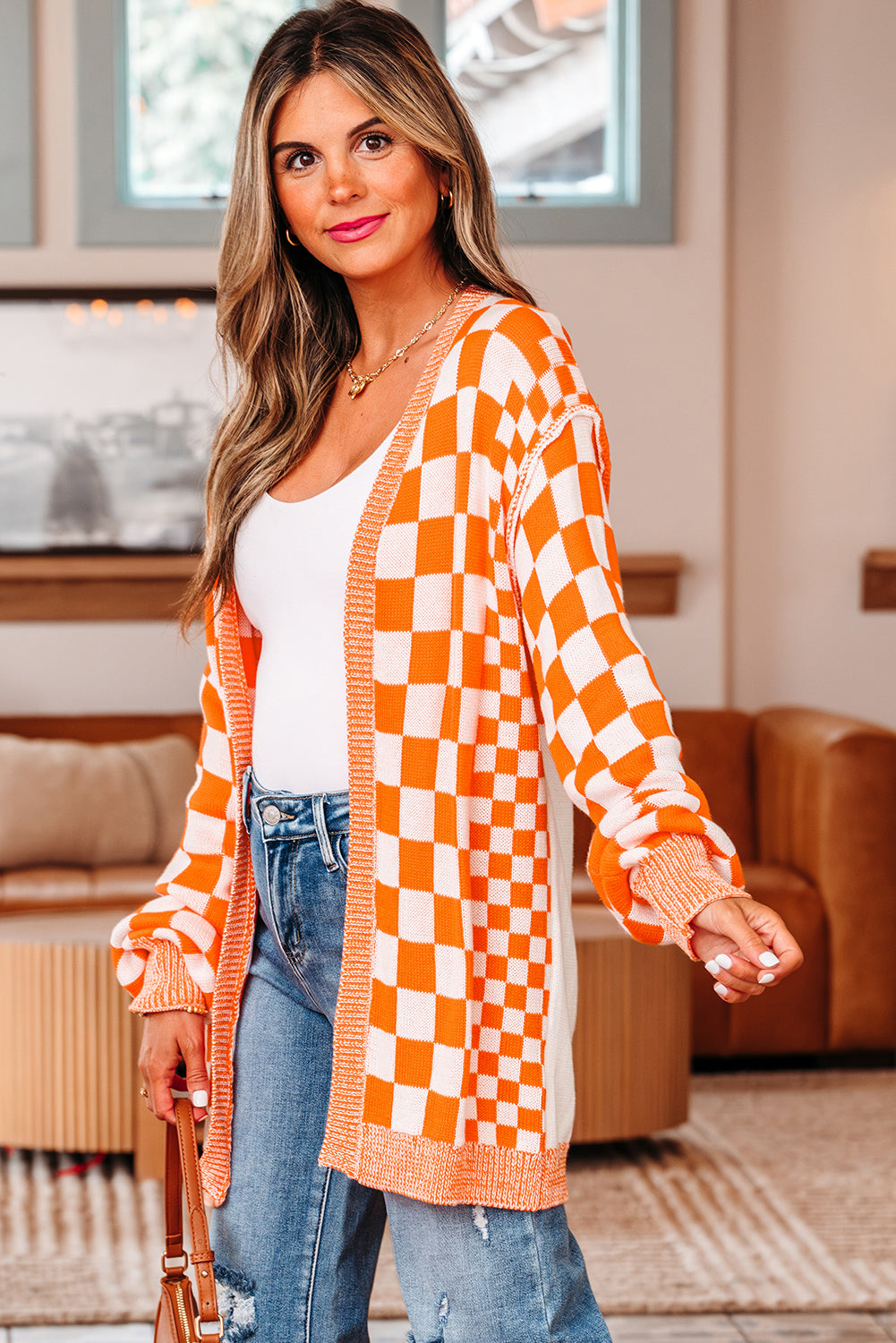 Open-Front Drop-Shoulder Checkered Drop-Shoulder Cardigan in Orange