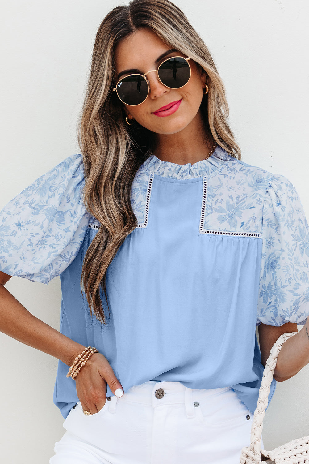 Floral Lace Insert Puff Sleeve Patchwork Loose Blouse