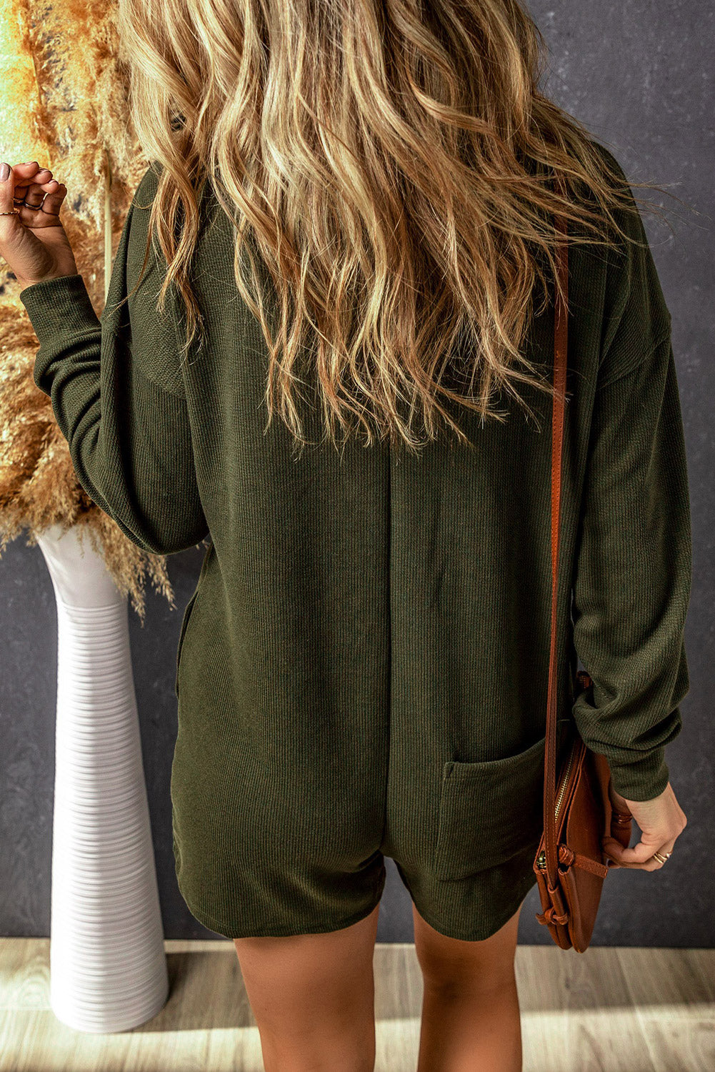 Women's Romper Featuring Dark Green Brushed Rib-Knitted Button Split