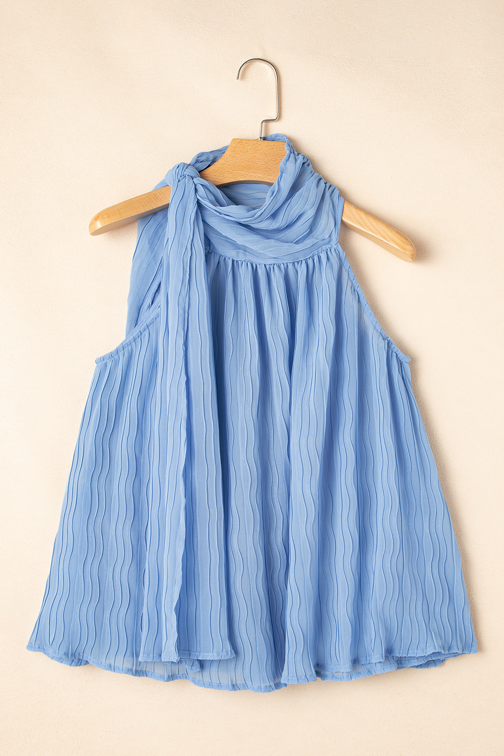 Textured Pleated Tied Mock Neck Flowy Tank Top