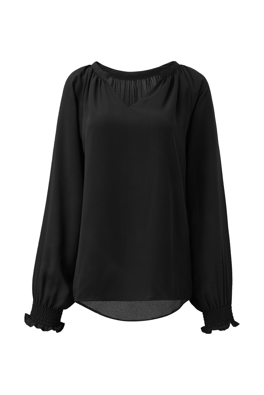 Women's Blouse with Pleat-Detail V Neck Puffy Sleeve