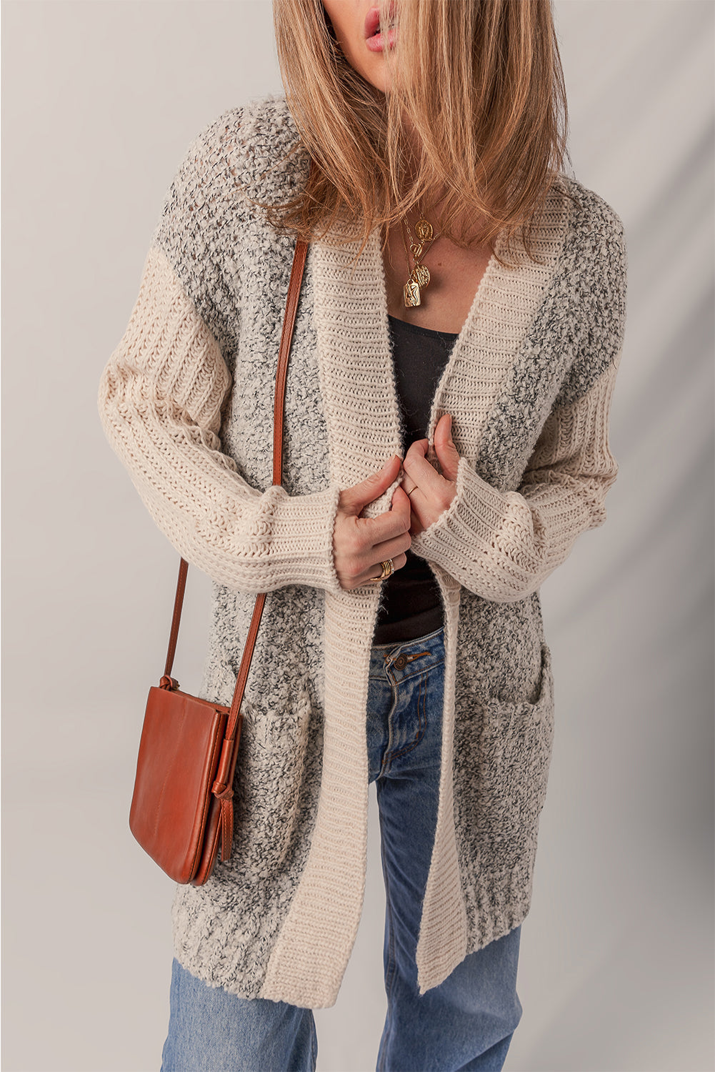 Colorblock Side Pockets Open-Front Cardigan