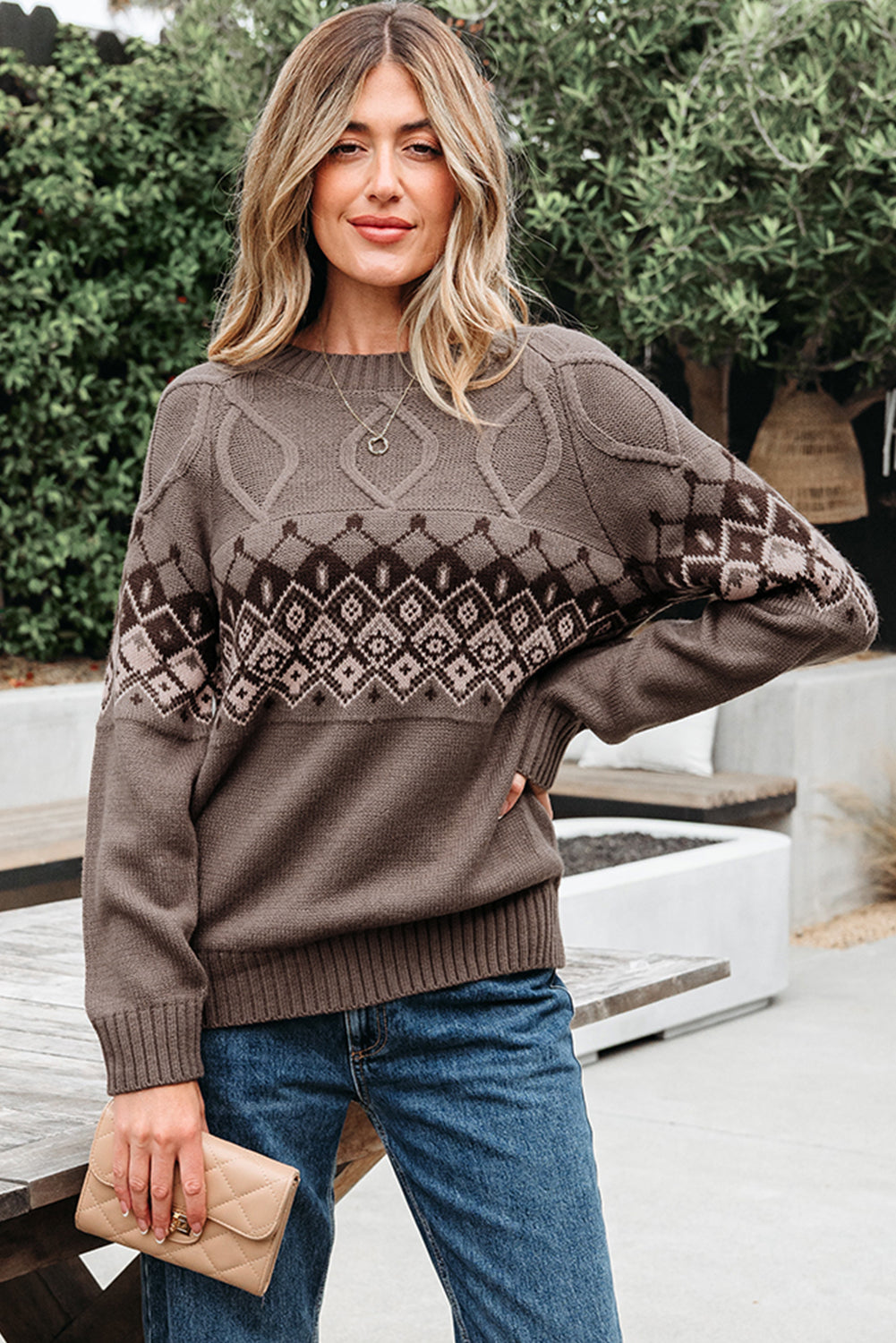Patterned Western Geometric Crew-Neck Knit Knit Top