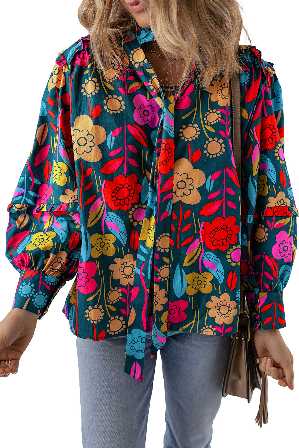 Women's Blouse Featuring Knot-Detail Split Neck Balloon Sleeve Floral-Print