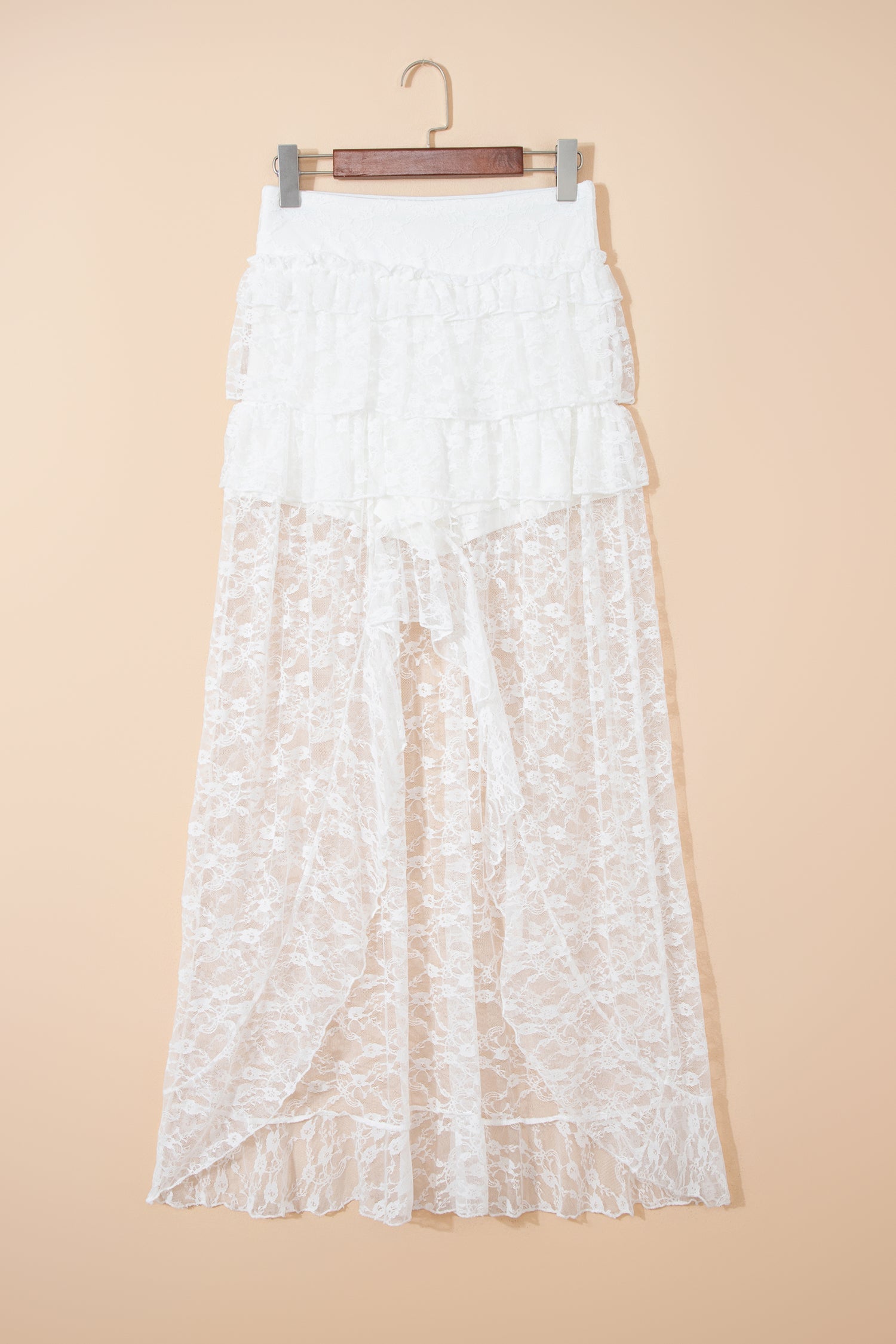 Polished Lace White Sheer Frilly Ruffles High Low Long Skirt