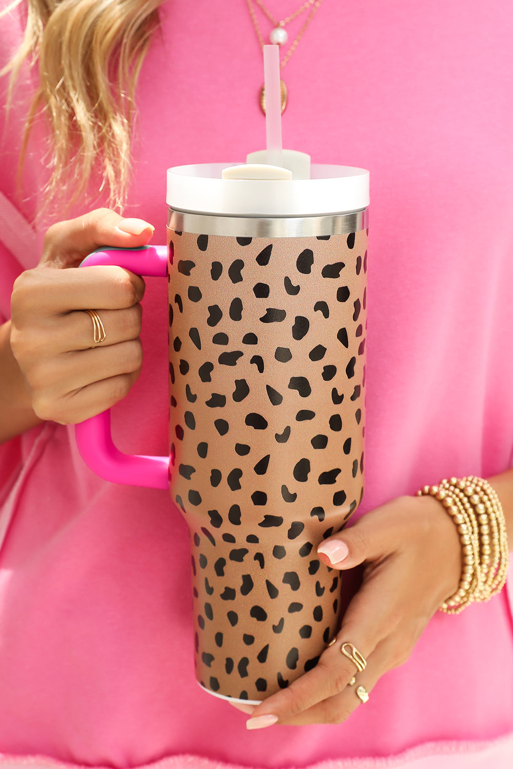 Handled Leopard Printed Cup with Straw 40oz