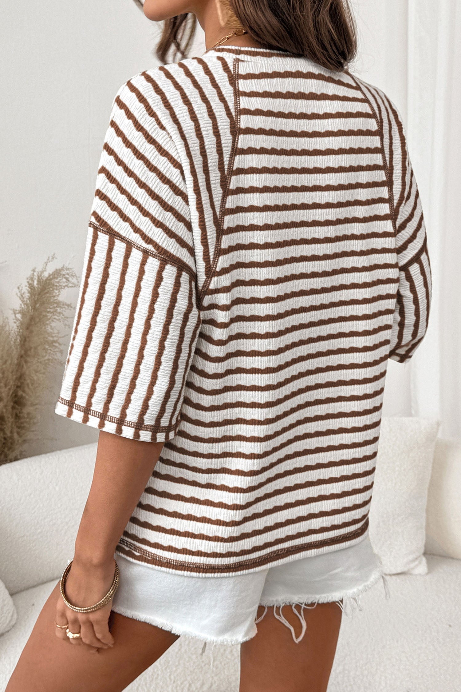 Stripe Textured Knit Split Hem Half Sleeve Loose Top in Brown