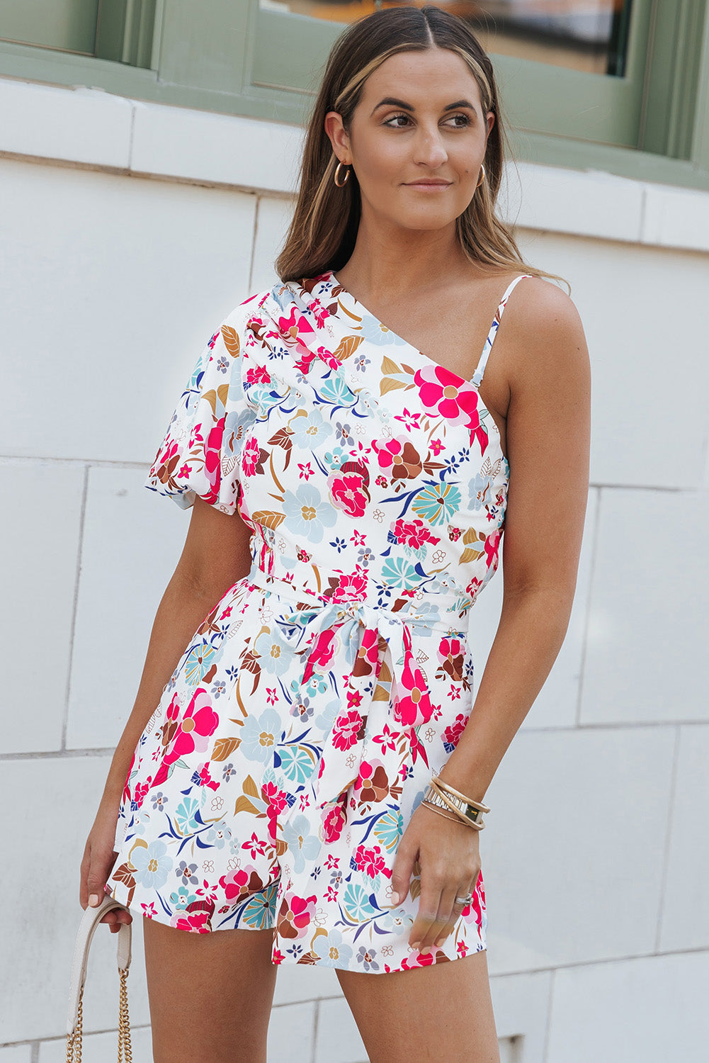 Romper for Women Floral-Print Slant Shoulder