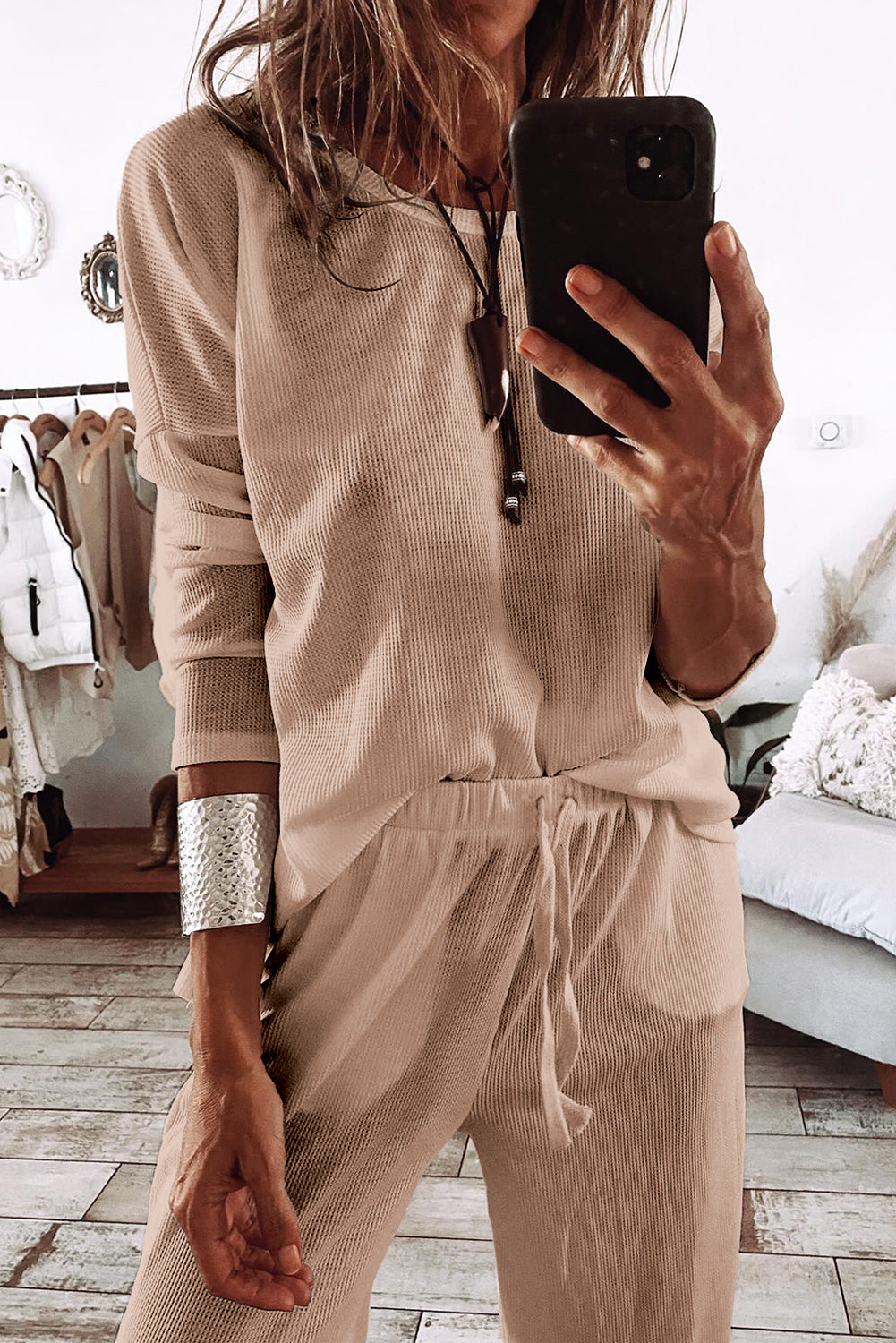 Long-Sleeved T Textured T Shirt and Pants Lounge Set