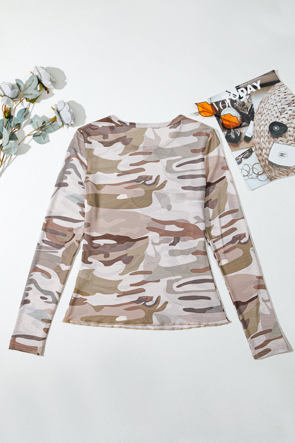 Western Fashion Camouflage Print Mesh Long-Sleeved Top Style