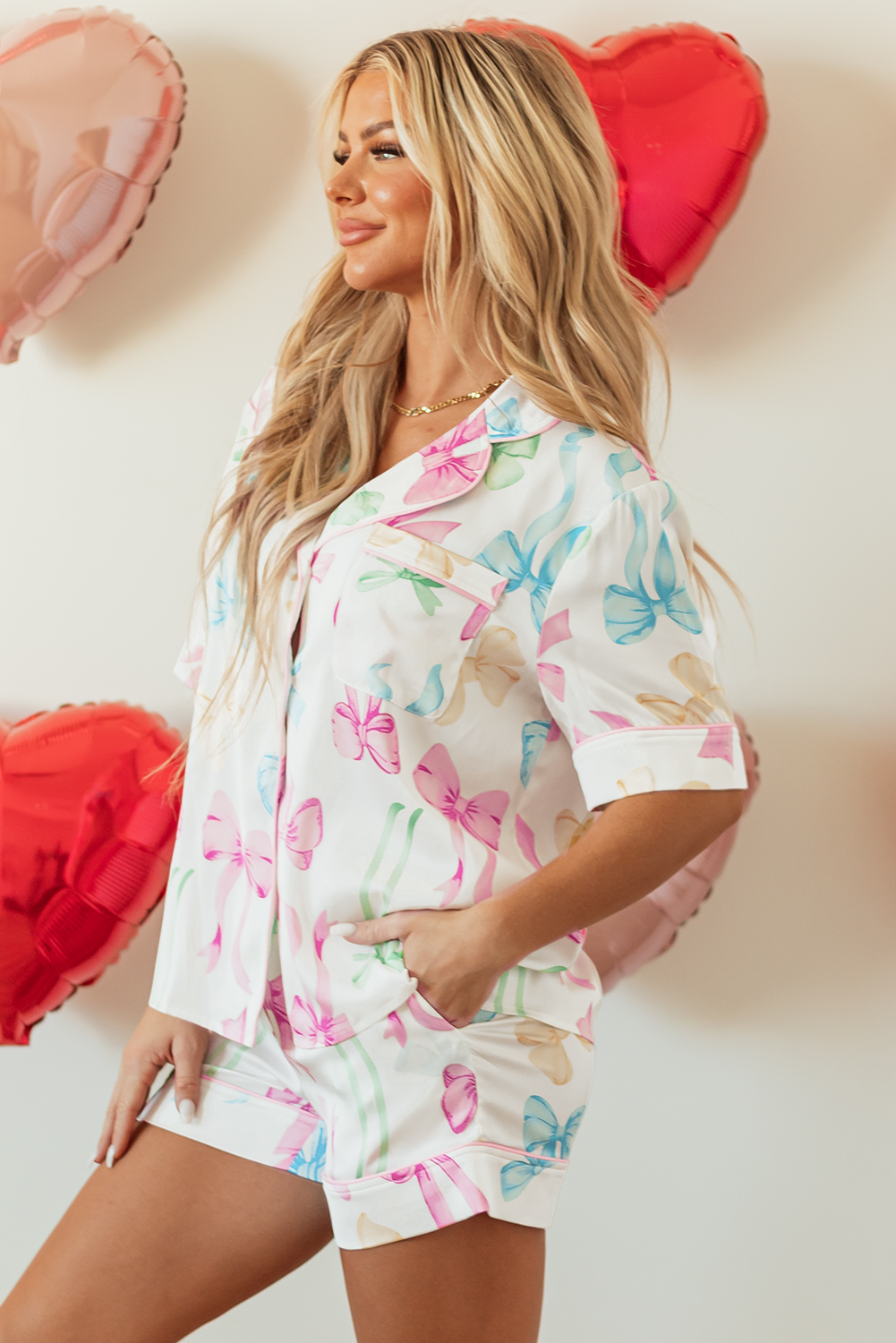 Print Button-Front Bowknot Button-Front Shirt High-Waisted Shorts Pajama Set