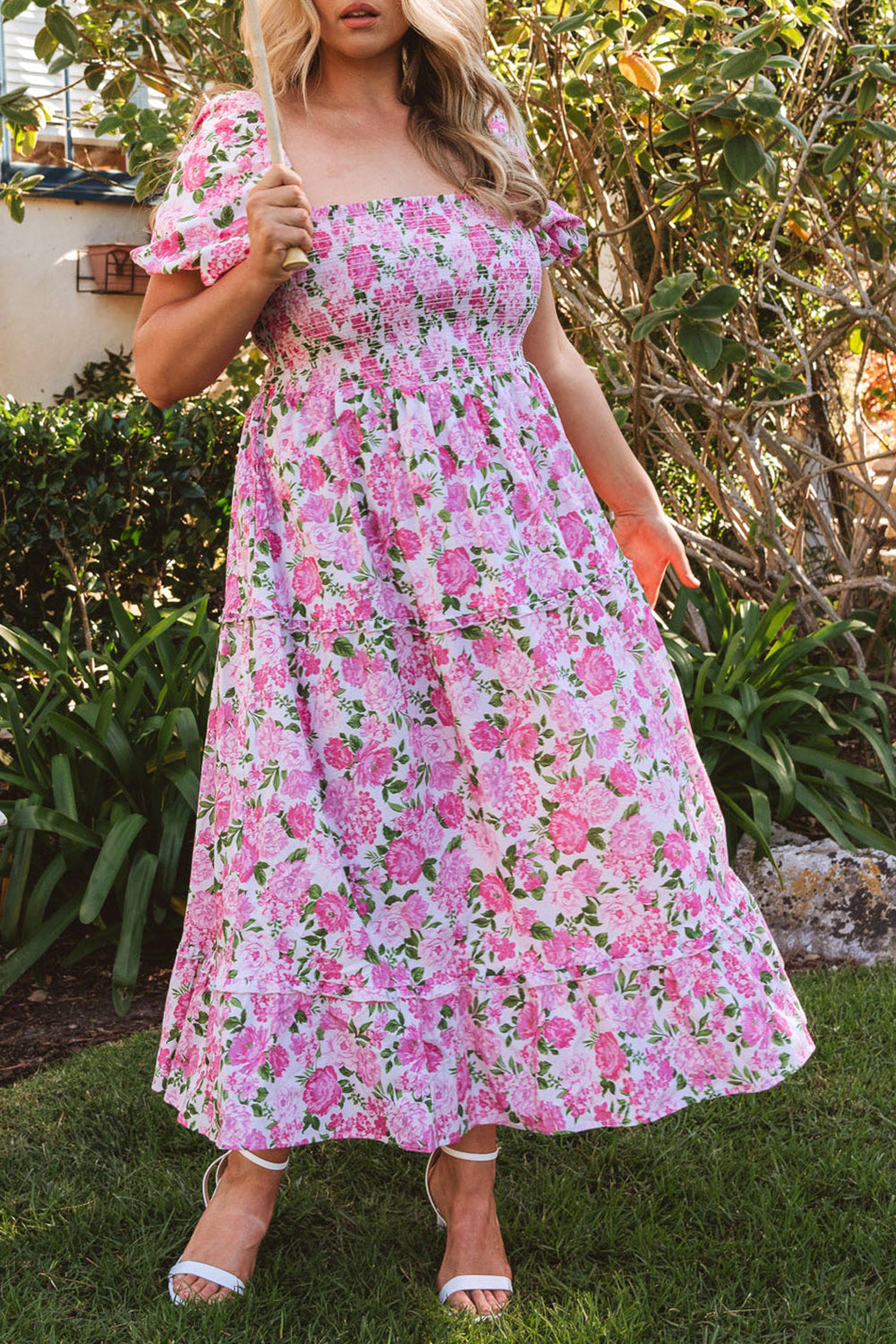 Robe Smockée à Manches Bouffantes et Imprimé Floral de Grande Taille