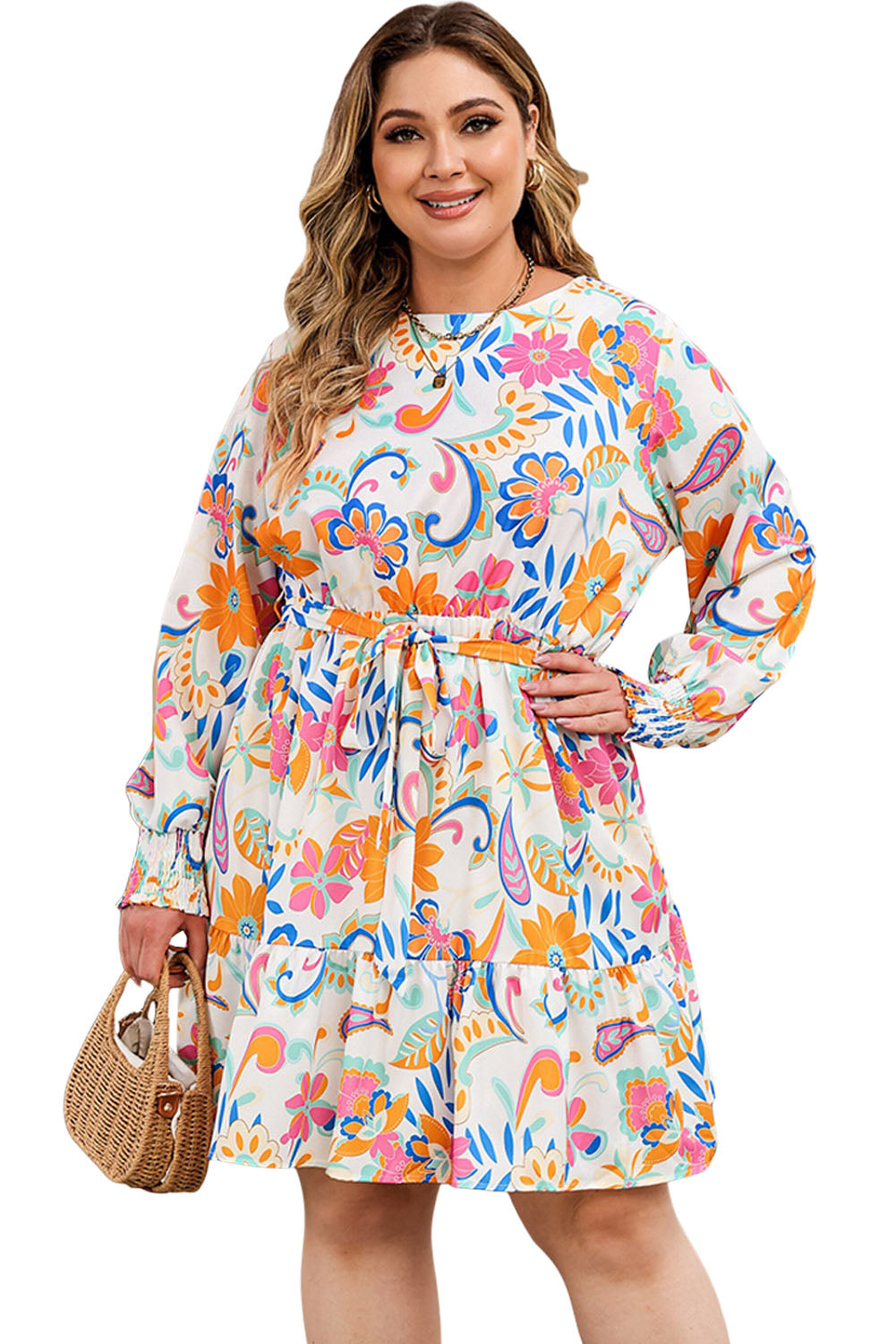 Robe grande taille ceinturée à imprimé floral cachemire