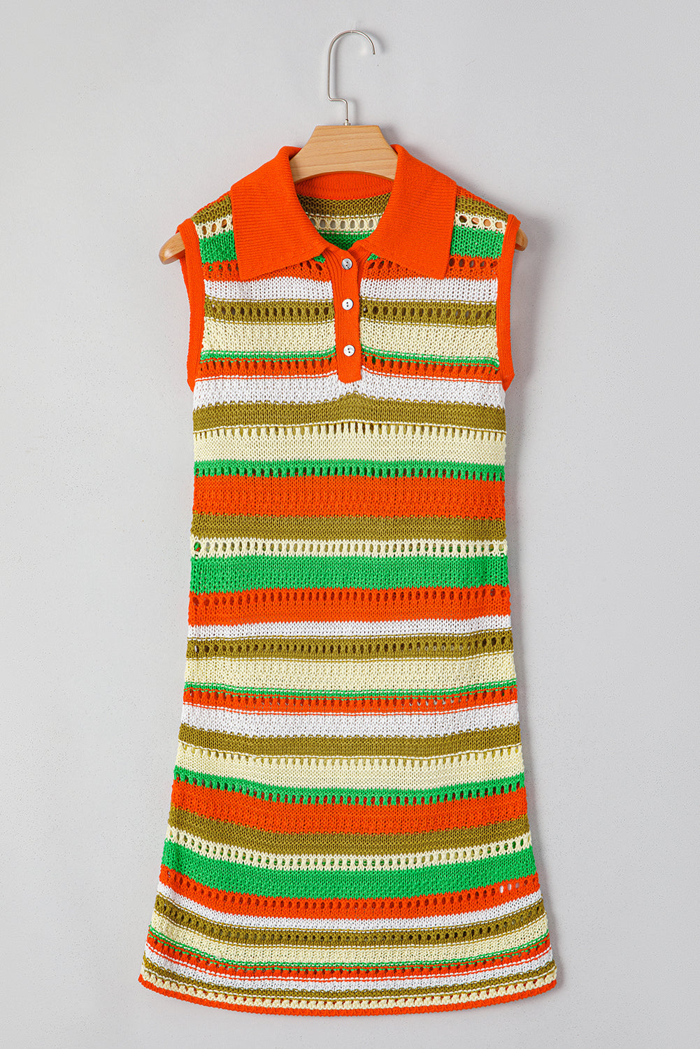 Eyelet Sleeveless Buttoned Split Neck Sweater Dress