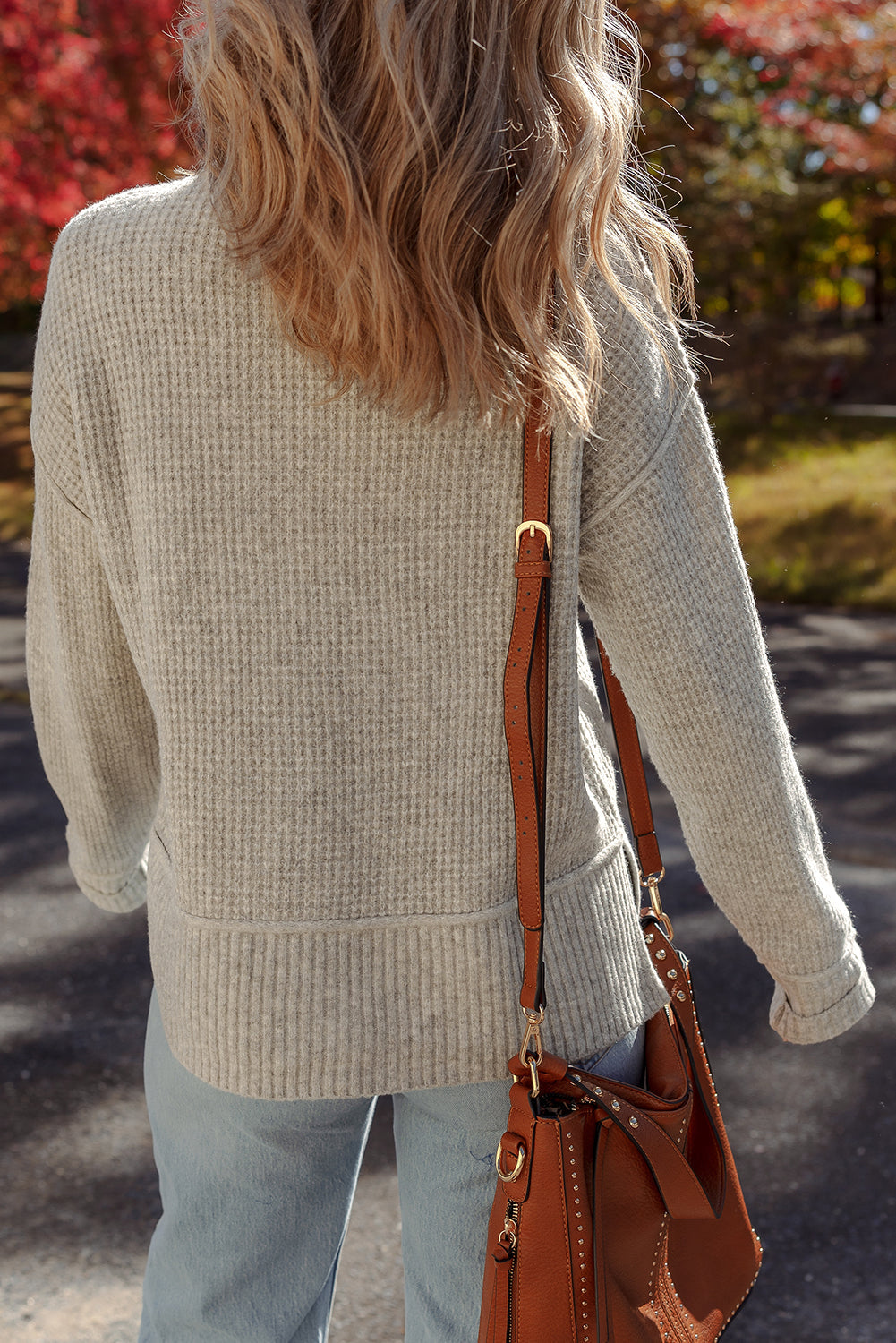 Waffle Rib-Knit Texture Knit High Neck Drop-Shoulder Knit Top