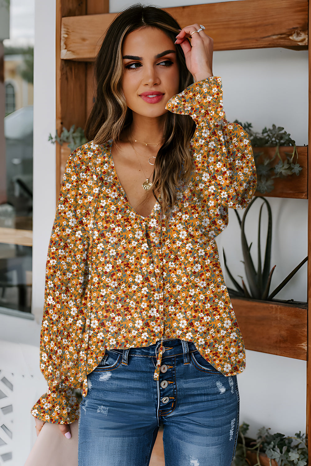 Ruffled Boho Floral Bubble Sleeve V-Neck Fall Blouse