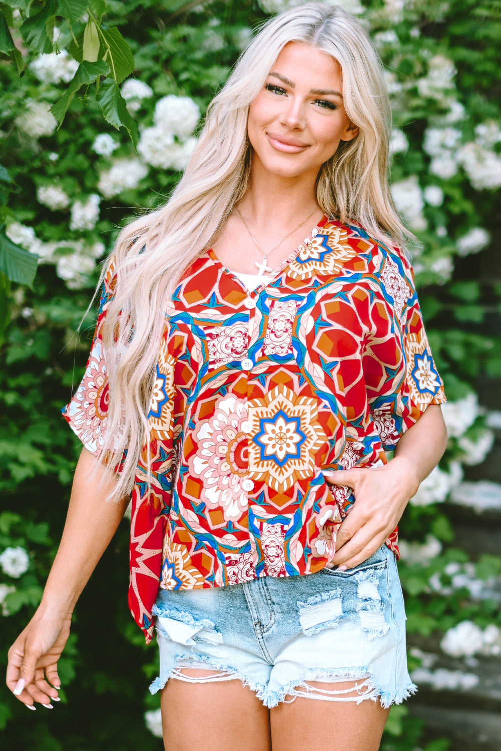 Women's Blouse Featuring Floral-Print Batwing Sleeve V Neck