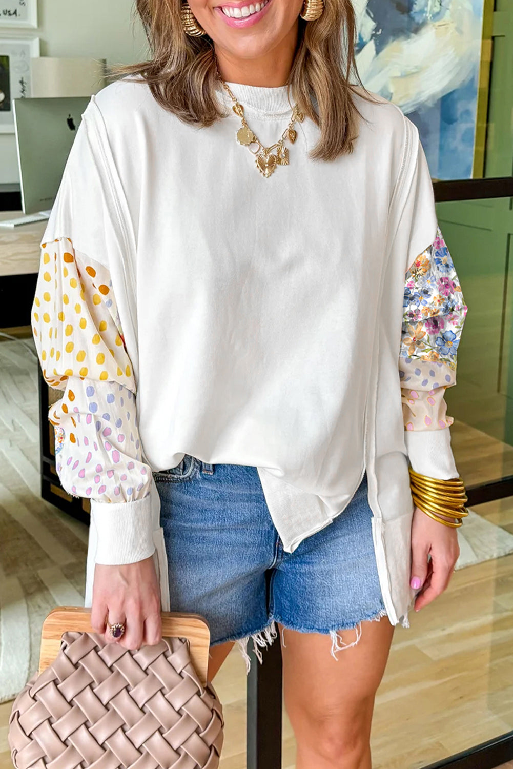 Floral Dotted Mixed Print Patchwork Sleeve High Low Everyday Sweatshirt