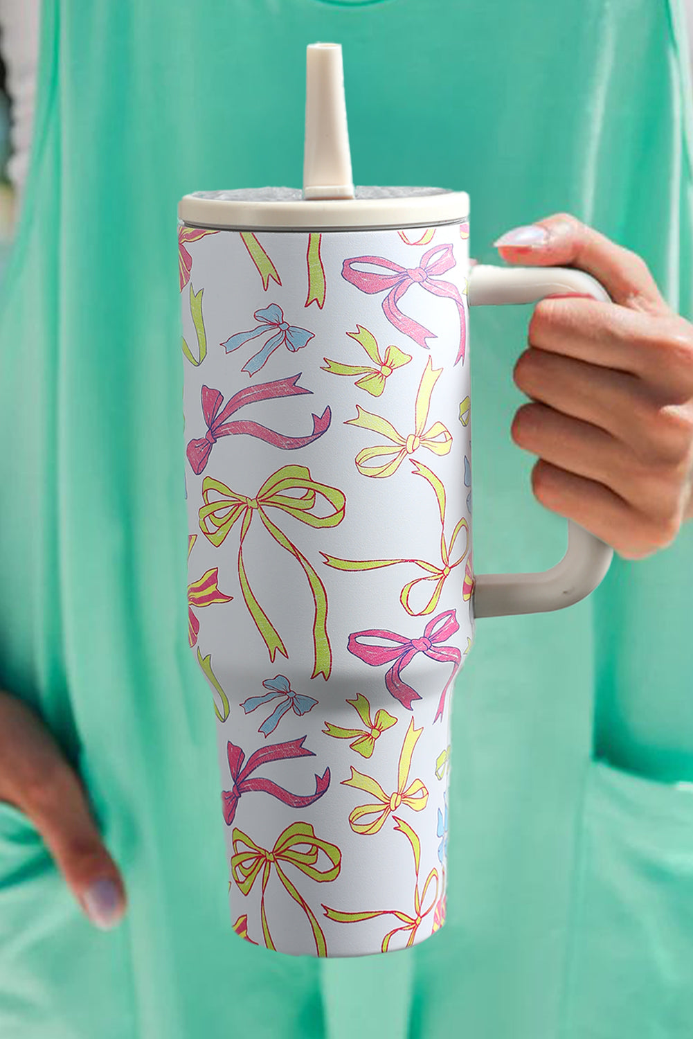 Bow Knot Print Handle Straw Insulate Tumbler 40oz