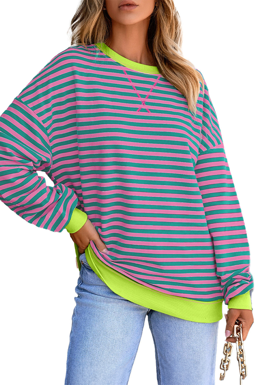 Rib-Knit Trim Contrast Trim Crossed Stitch Drop-Shoulder Sweatshirt
