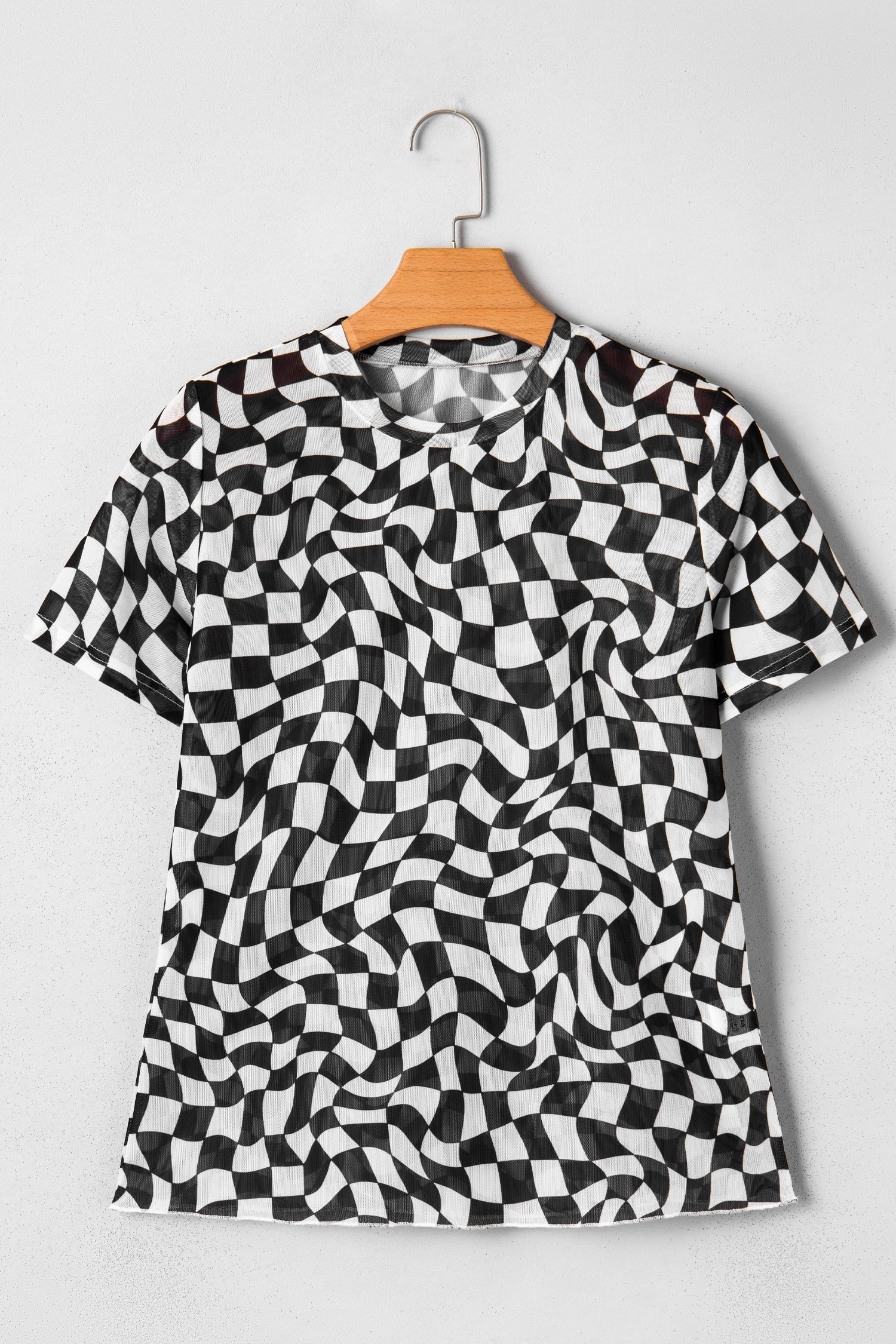 Crew-Neck Checkered Print Mesh Short-Sleeved T Shirt in Black
