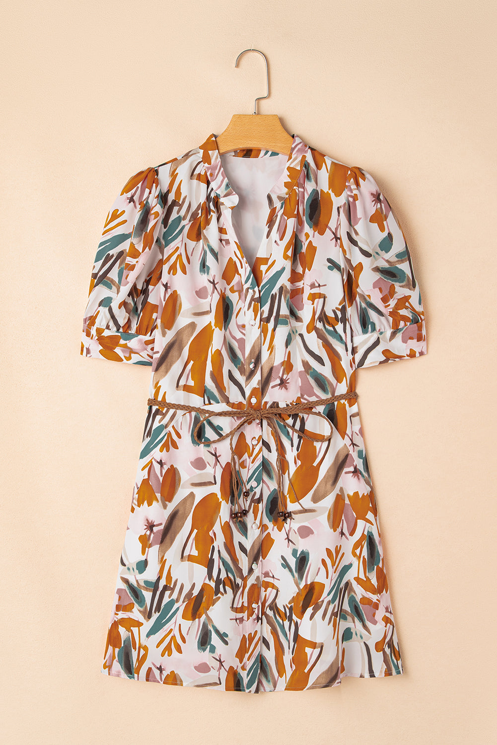 Abstract Printed Button Up Braided Belt Mini Dress