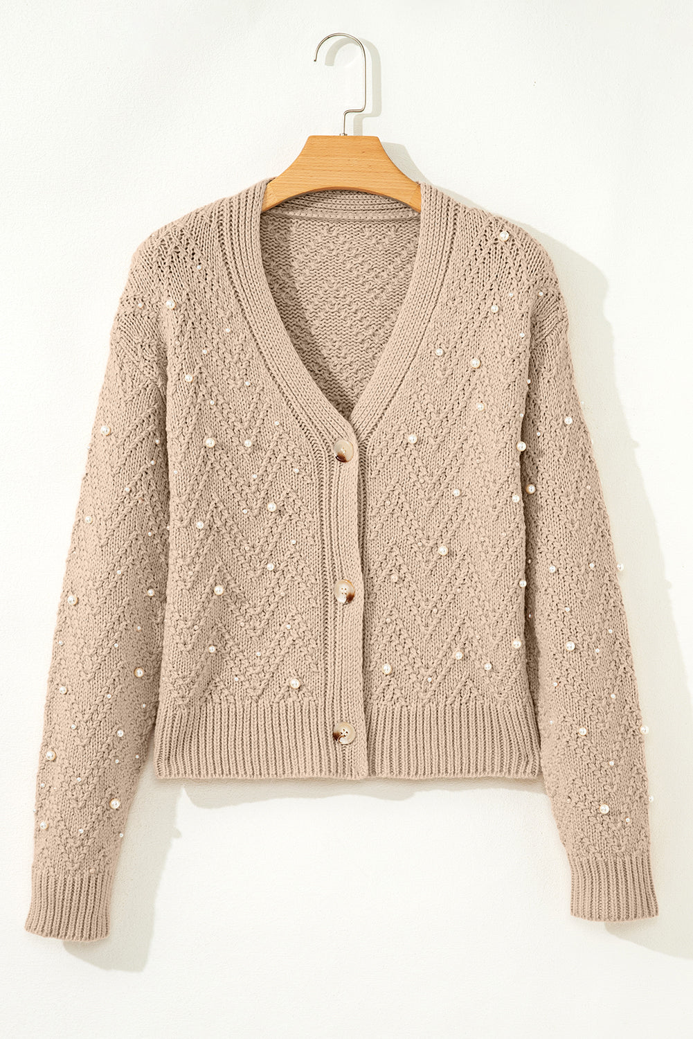Pearl Front Embellished Button Cardigan Knit Top in Smoke Gray
