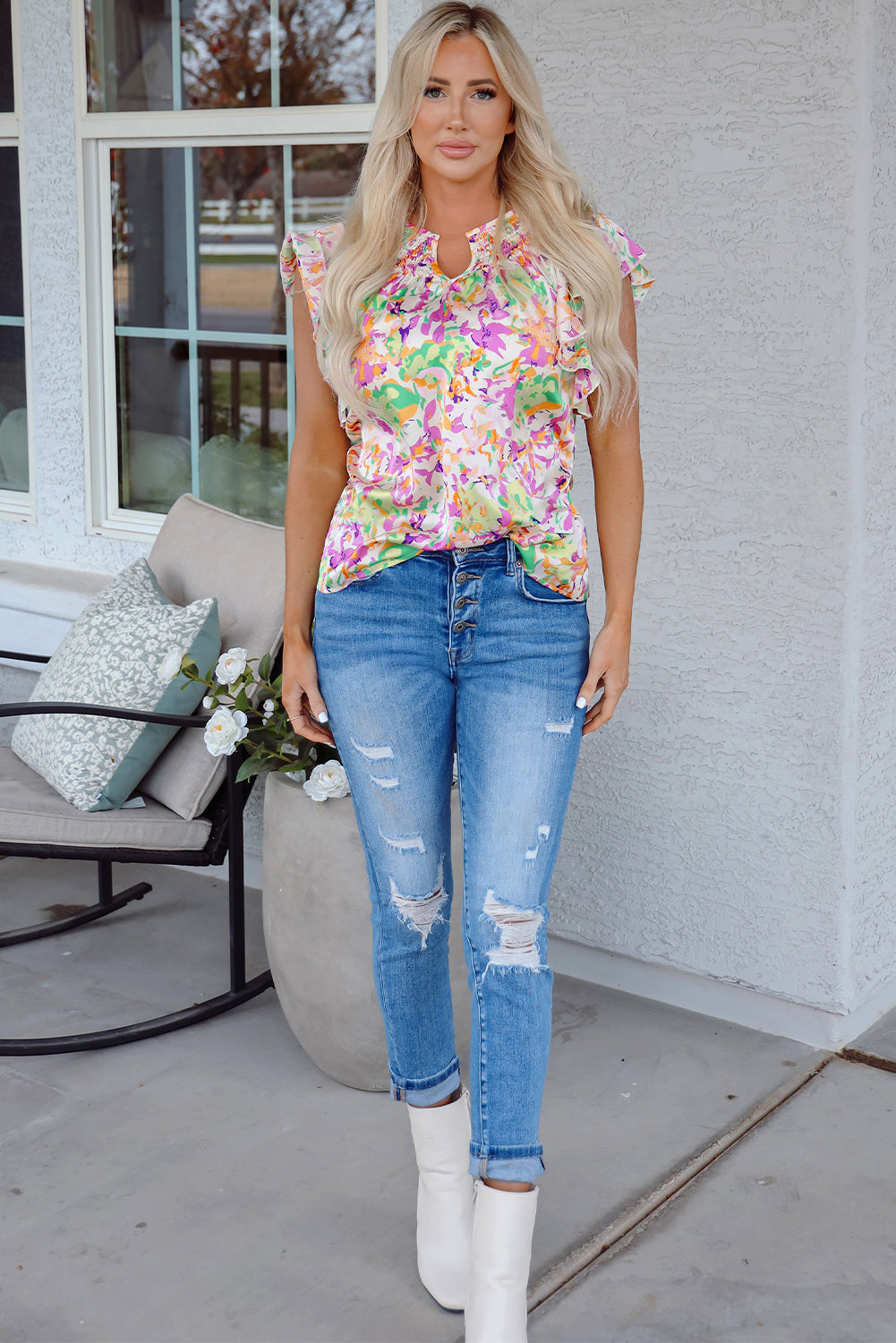 Abstract Printed Ruffled Short Sleeve Notched Neck Blouse