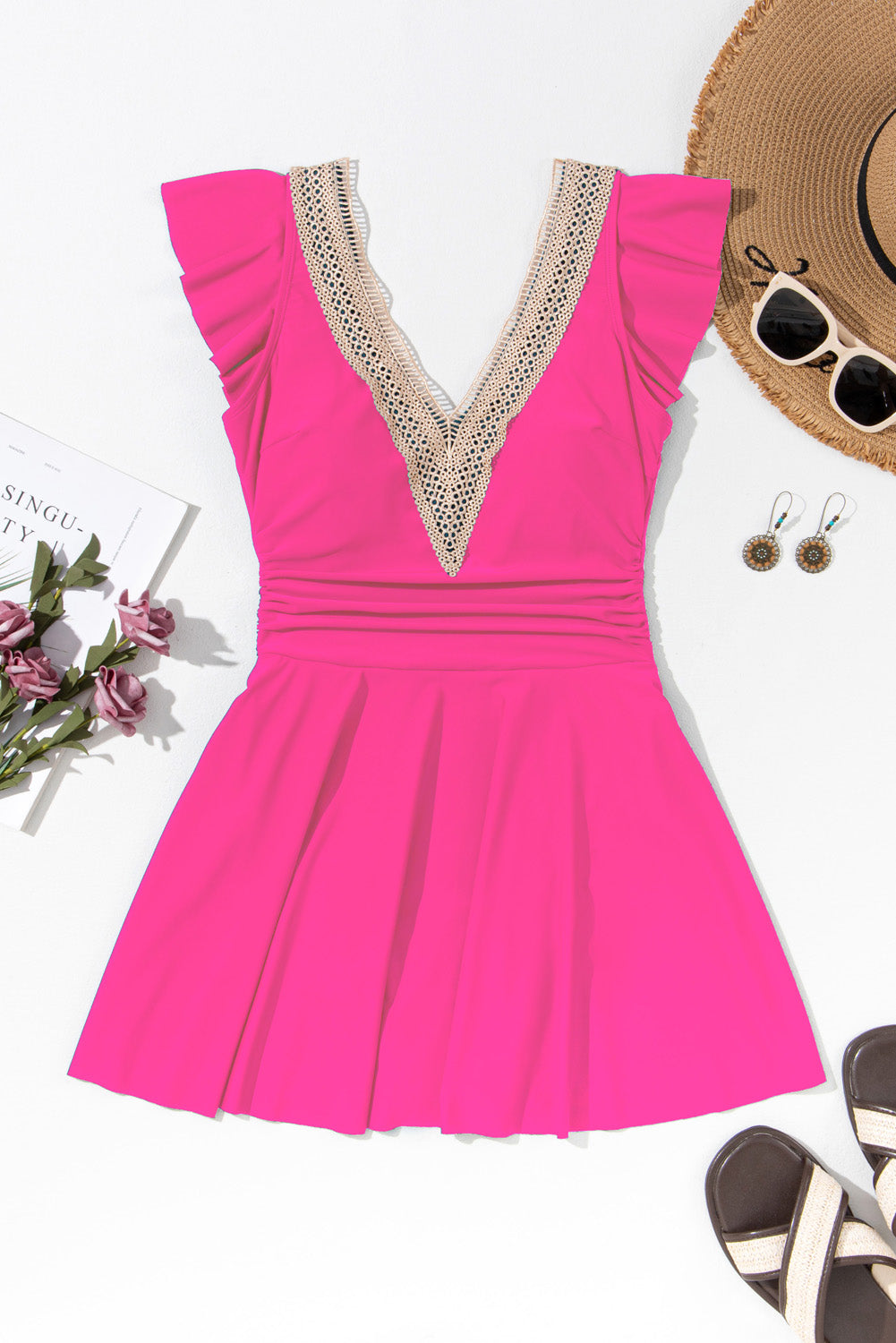 Lace Ruffled Short-Sleeved Trim V-Neck One Piece Swim Dress in Rose Red