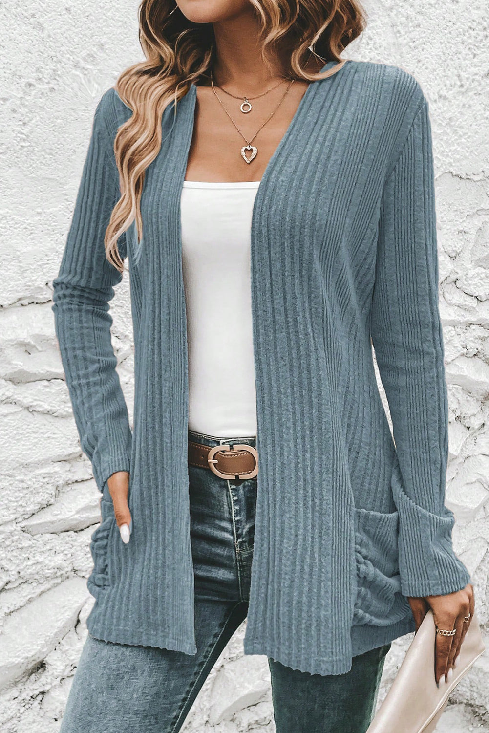 Rib-Knit Top Open-Front Knit Featuring Pockets in Stone Blue