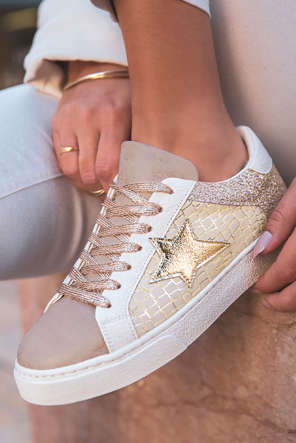 Star Patchwork Glitter Patchwork PU Leather Lace-up Sneakers